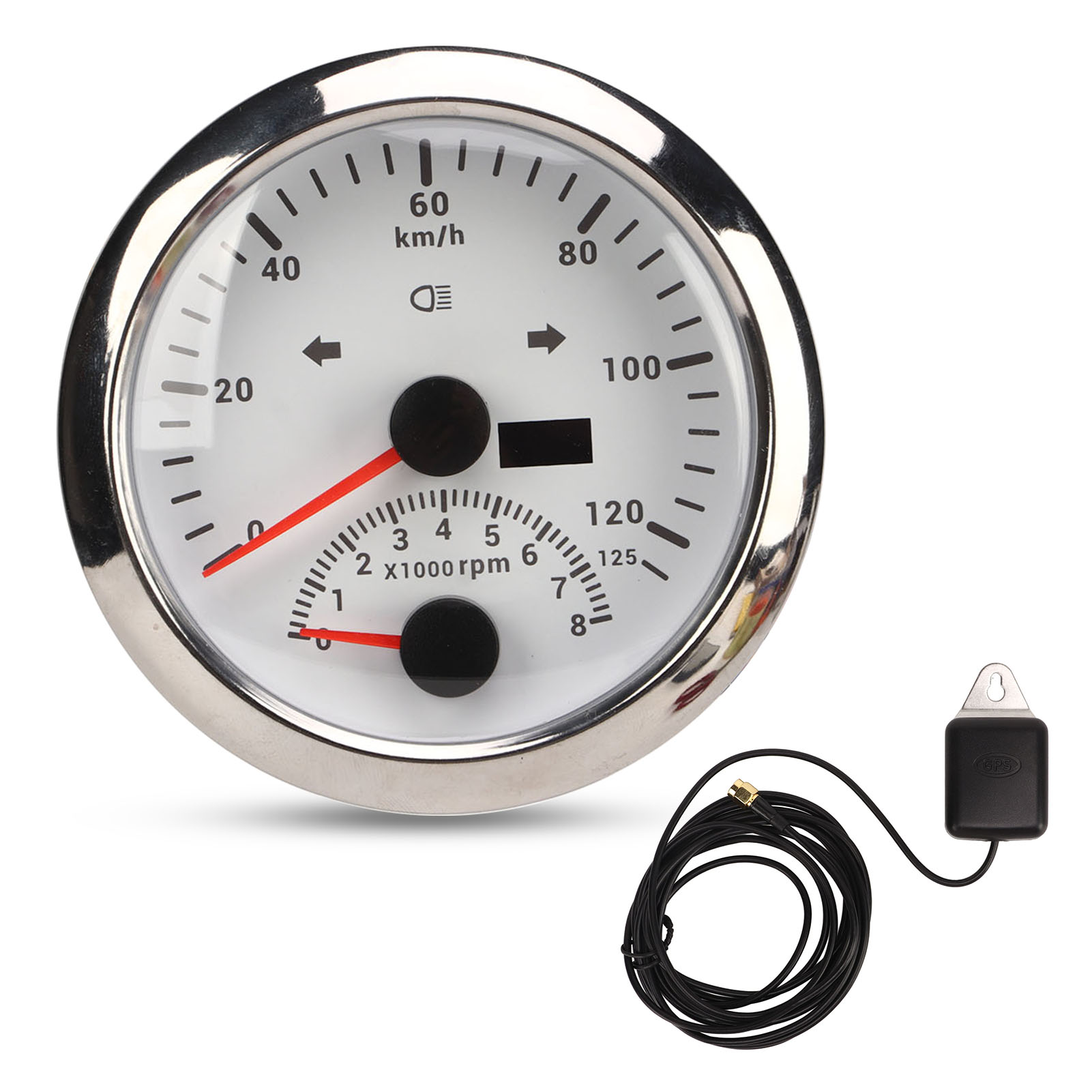 Gps-tachometer Mit Drehzahlmesser, 8000 U/min, 85 Mm, 3 3/8 Zoll Anzeigeleuchte Für Marine-atv-fahrzeuge, Weißes Zifferblatt, Silberne Lünette