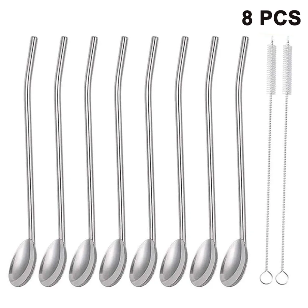 Edelstahl Trinkhalmlöffel, Wiederverwendbare Metallstrohhalm, Metall Strohhalme Löffel Strohhalme Cocktail Löffel Set, Latte Macchiato Löffel 8 Stück