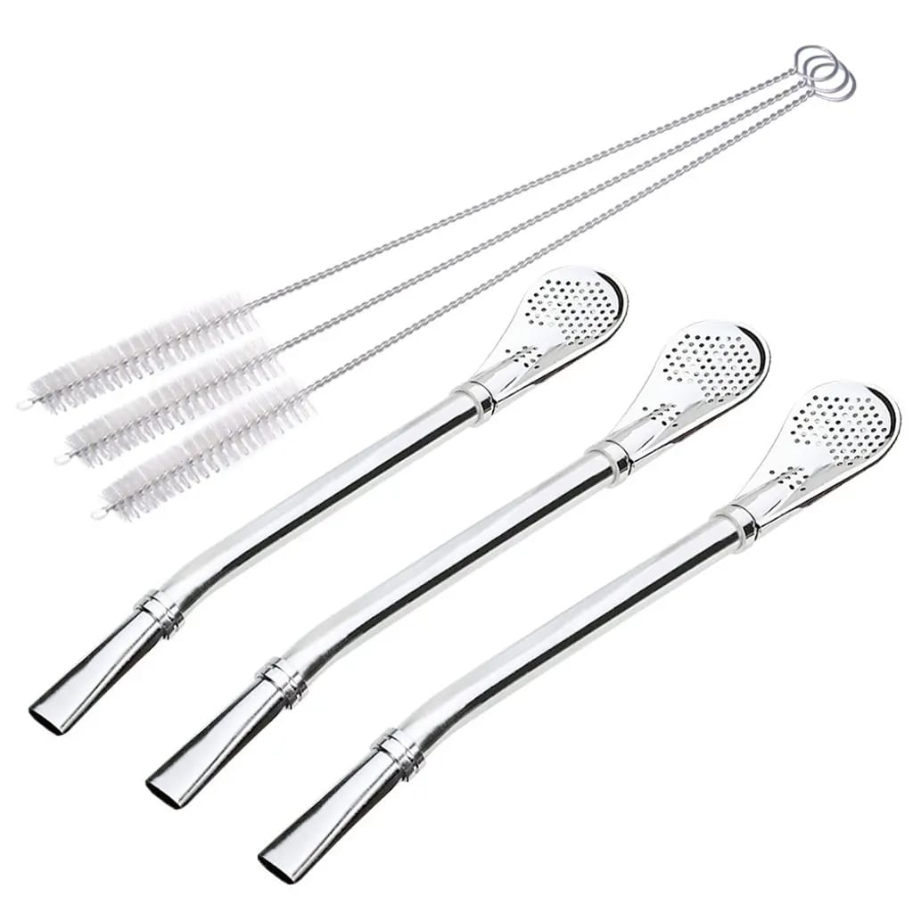 Gourd Drinking Filter Straws Stirrer Food-grade 18/8 Stainless Steel - Set Of 3 With 3 Cleaning Brushes - 6.1" Long