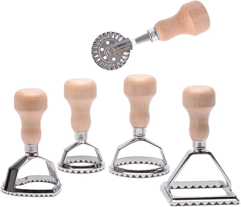 Ravioli Ausstecher Former, Teigtaschenrad Former Mit Holzgriff Und Geriffelter Kante Pasta Nudel Press Kitchen Attachmen(5er Set)