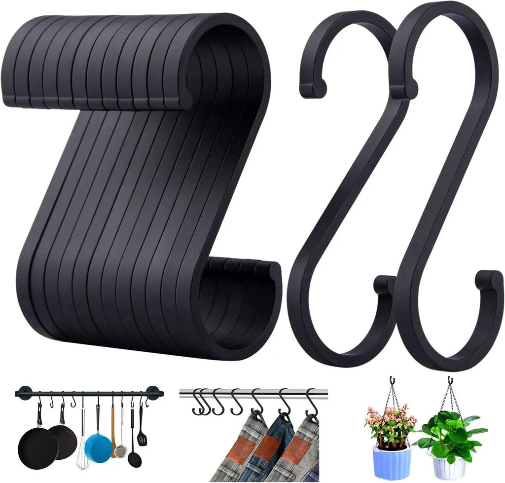 Haken ,8cm Flach S Form Chrom Finish Küchenhaken Edelstahl Haken Zum Aufhängen Für Handtücher,geschirr, Pflanzen, Gartengeräte,schal, Bekleidung, Kleidung (schwarz)