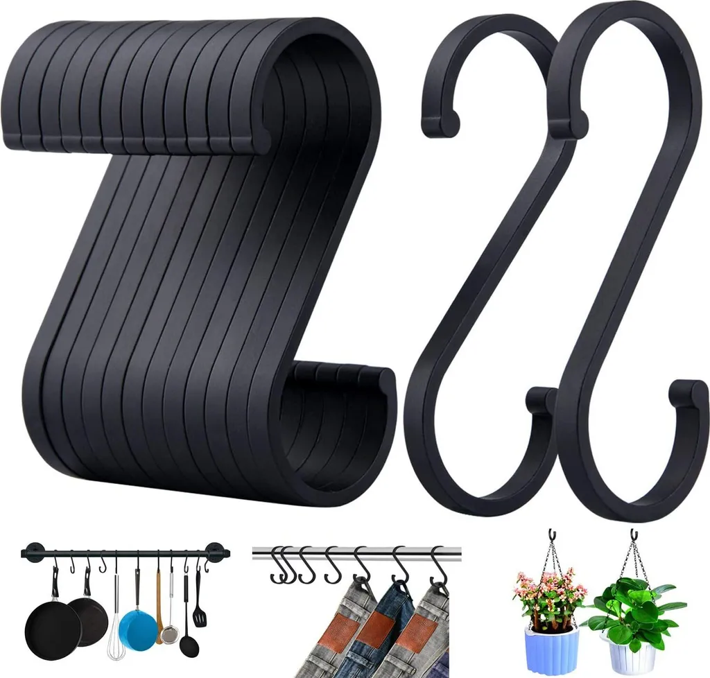 Haken, 12er Pack S-förmige Haken, S Haken Für Hängende Töpfe Und Pfannen, Pflanzen, Kaffeetassen, Kleidung, Handtücher In Küche, Schlafzimmer, Bad, Büro Und Garten（schwarz Matt）