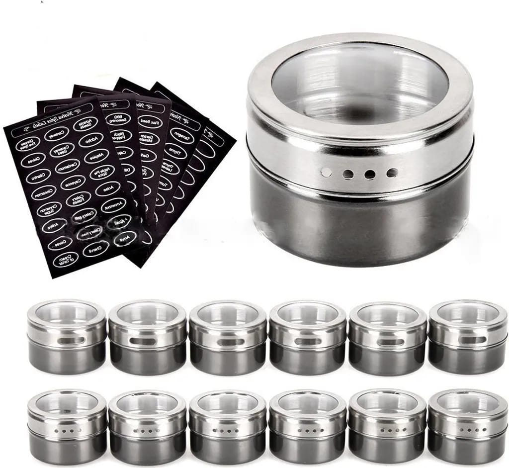 12 Stück Gewürzdosen Magnetisch Edelstahl Gewürze Spice Jars, 21 Gewürzetiketten