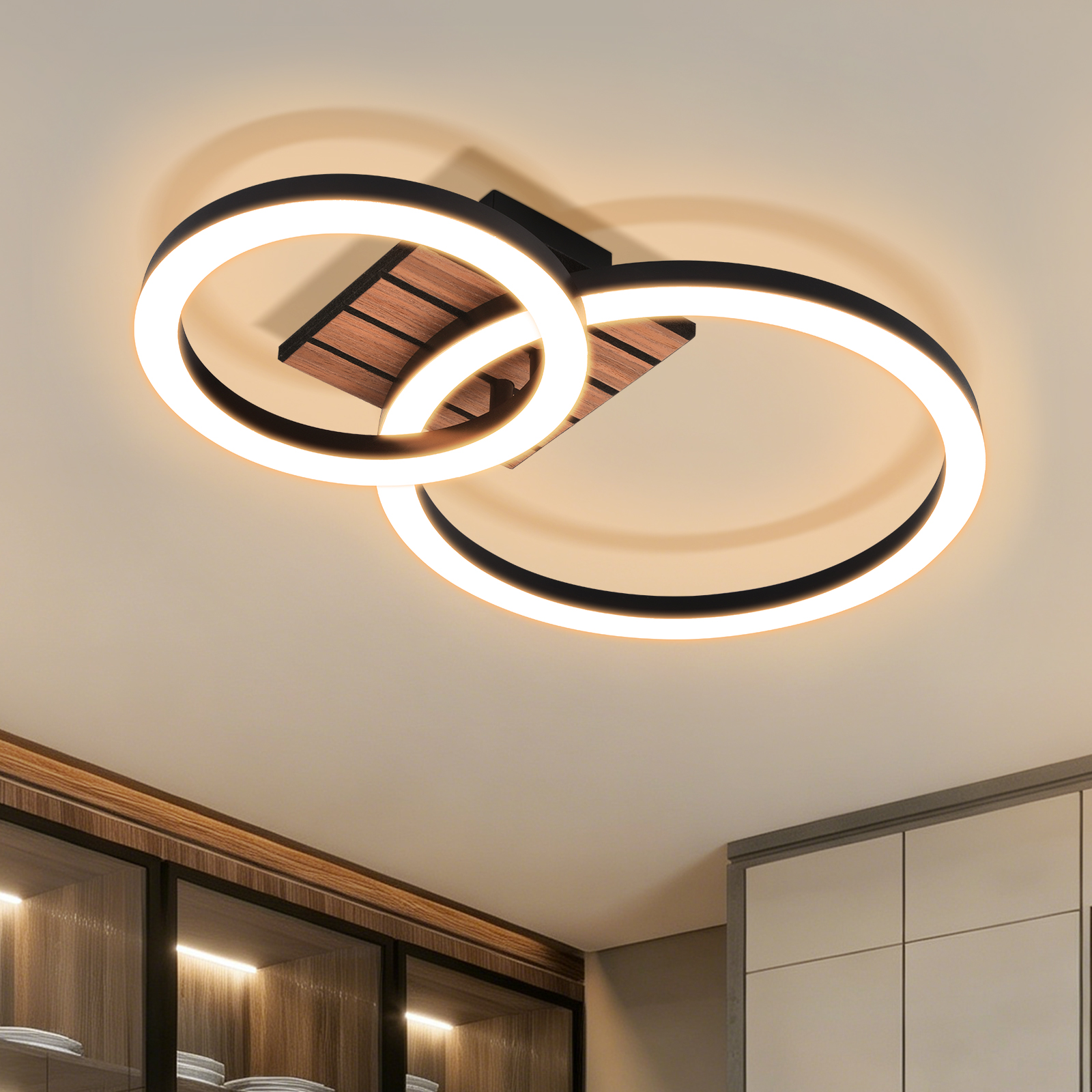Gbly Led Deckenlampe 14w 3000k Warmweiß Moderner Doppelkreis Mit Holzoptik Nicht Dimmbar Deckenbeleuchtung Für Küche Diele Garderobe
