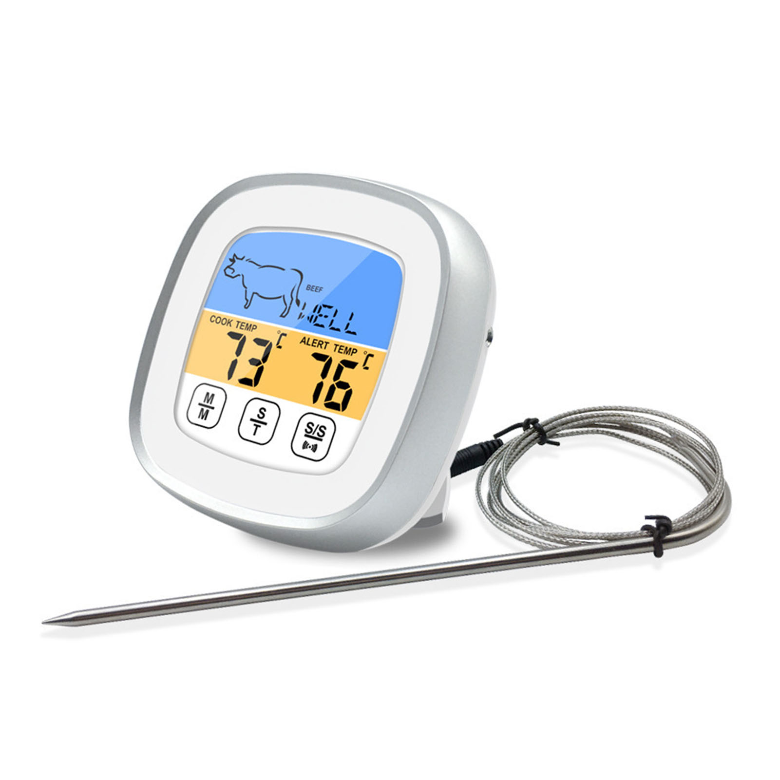 Digitales Edelstahl-touch-thermometer Mit Timer, Fleischthermometer Zum Kochen Und Grillen, Weiß