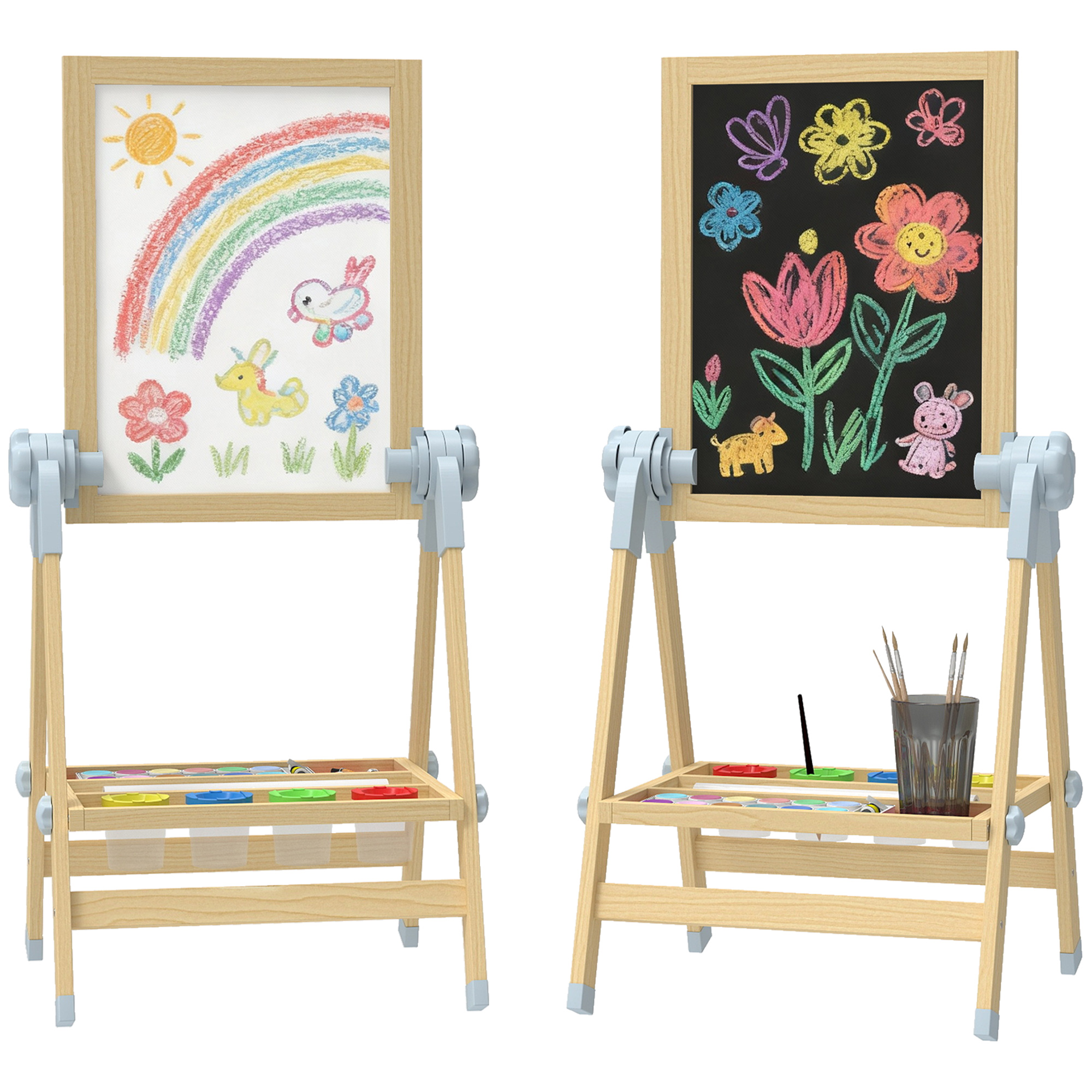 Holzstaffelei Für Kinder, Doppelseitige Whiteboard- Und Kreidetafel, Höhenverstellbare, Freistehende Kreidetafel Mit Papierrolle, Ablage, Natur