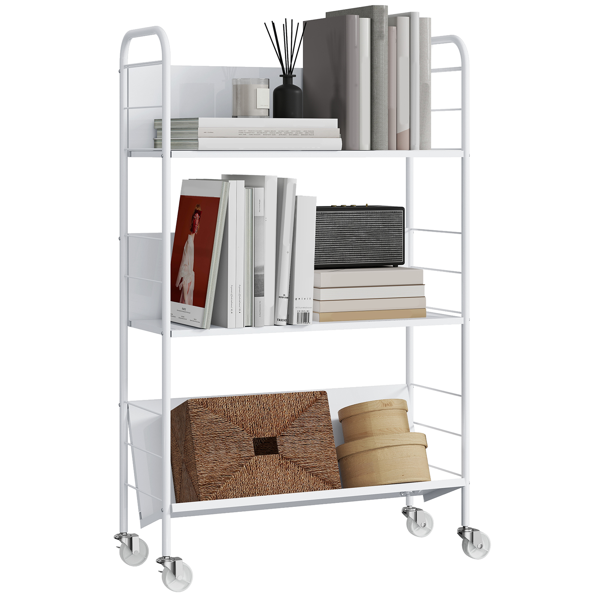 Moderner, Dreistöckiger Bücherwagen Mit Lenkrollen Für Bücher Und Zeitschriften, 69 X 26 X 108 Cm, Weiß
