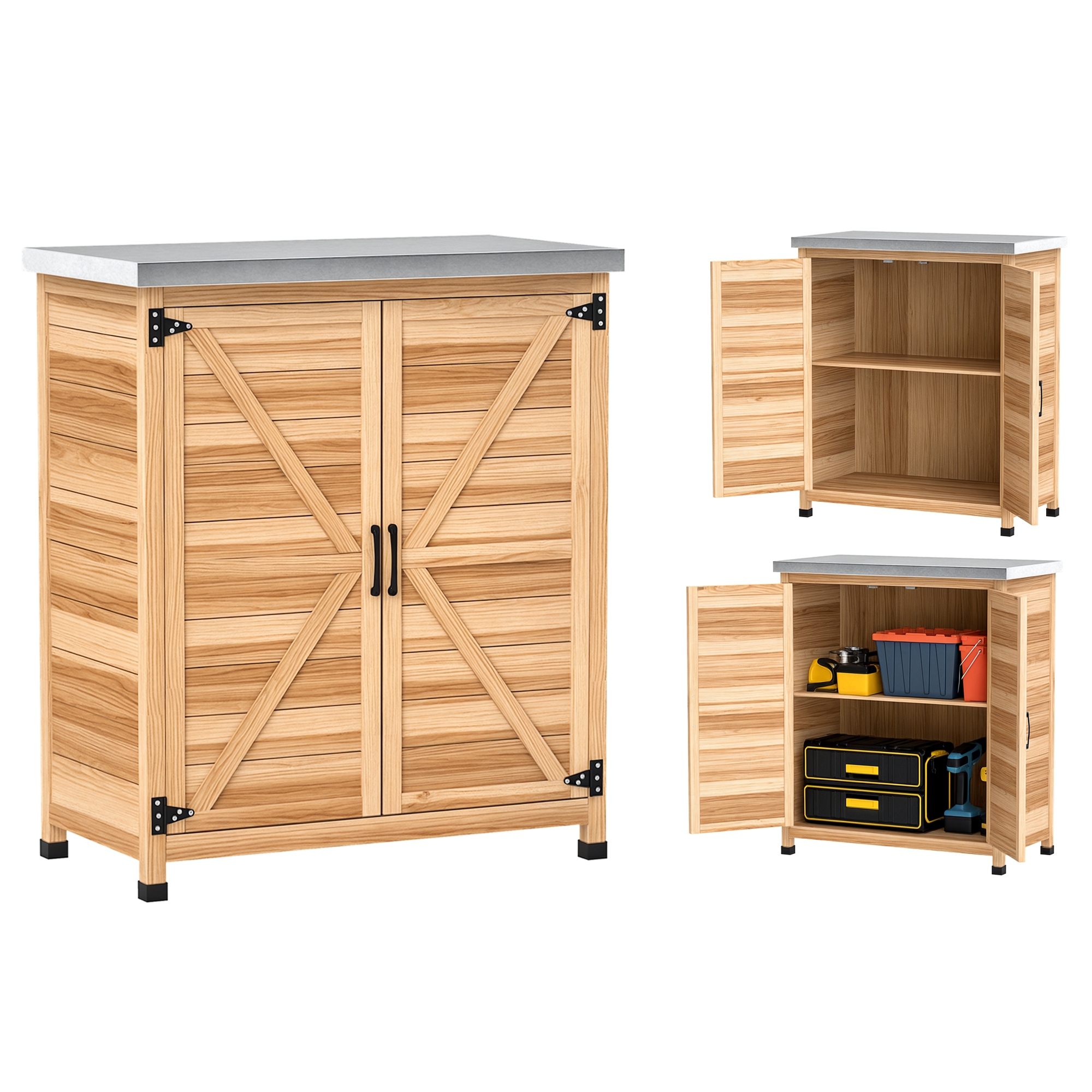 Gartenschrank Mit Pflanztisch, Geräteschuppen Aus Holz Mit Verzinkter Arbeitsplatte, 2 Regalböden, Doppeltüren, 79 X 43 X 92 Cm