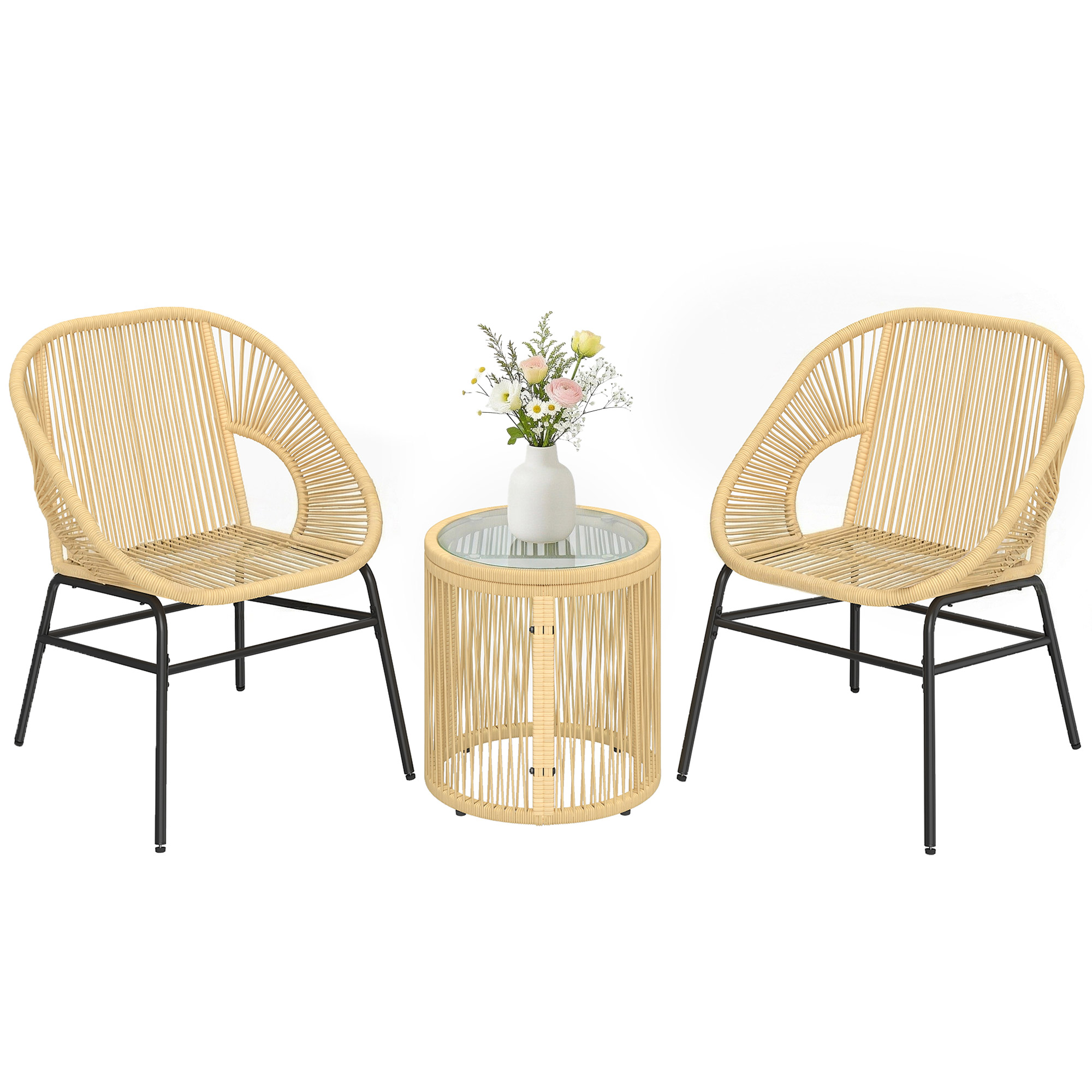 3-teiliges Bistro-set Aus Rattan Und Stahl Mit 2 Stühlen, Runder Tisch Mit Gehärteter Glasplatte, Beige