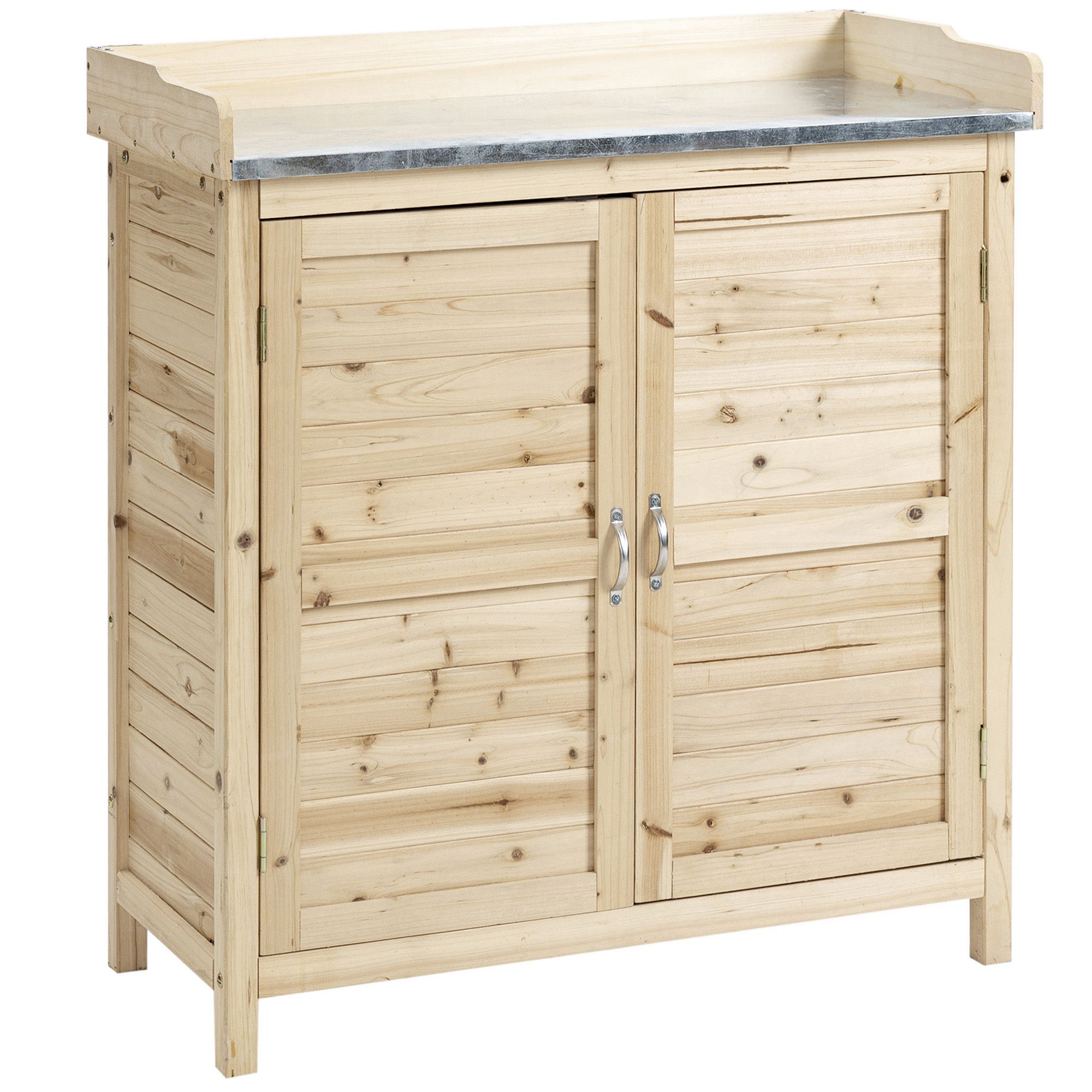 Gartenschrank Mit 2 Fächern, Metallarbeitsplatte Mit Erhöhtem Rand, Naturholz, 83 X 40 X 92 Cm