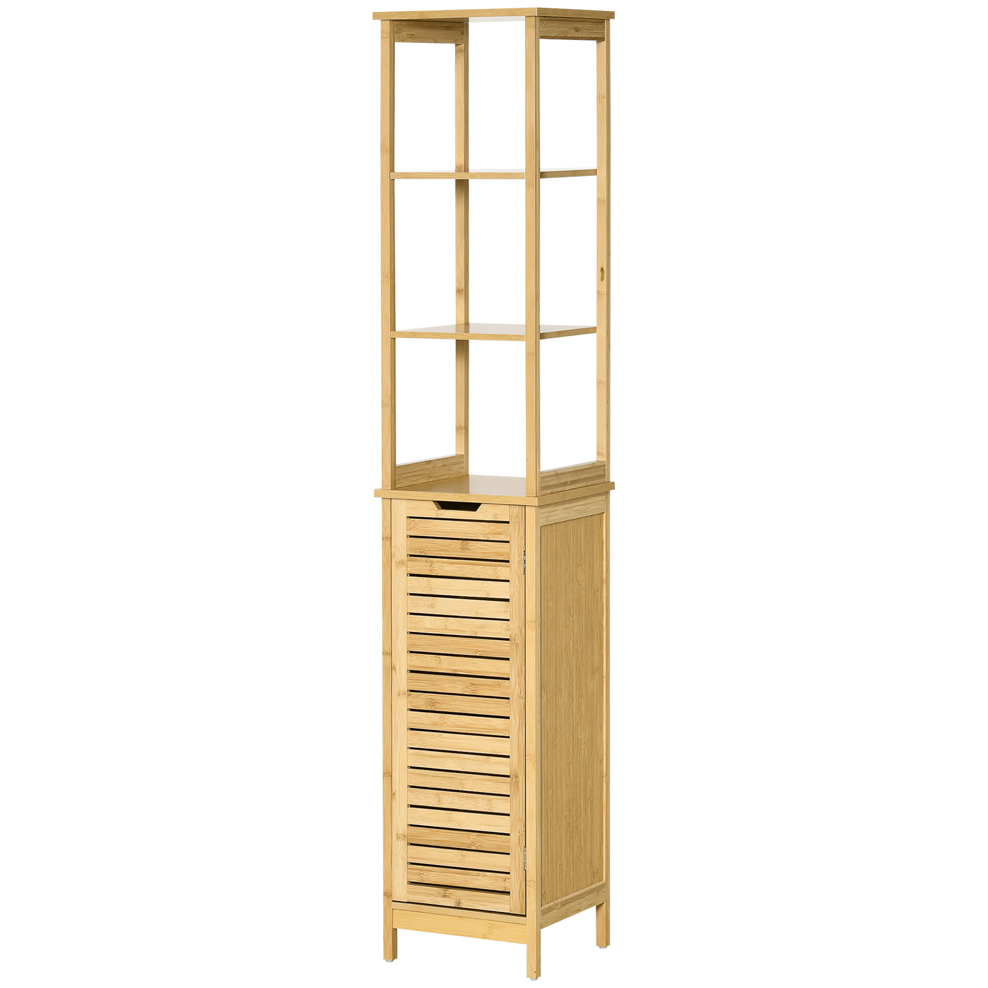 Badezimmerschrank Mit 3 Einlegeböden Und 1 Ablagefläche, Lattenoptik, Bambus, 34 X 30 X 173 Cm