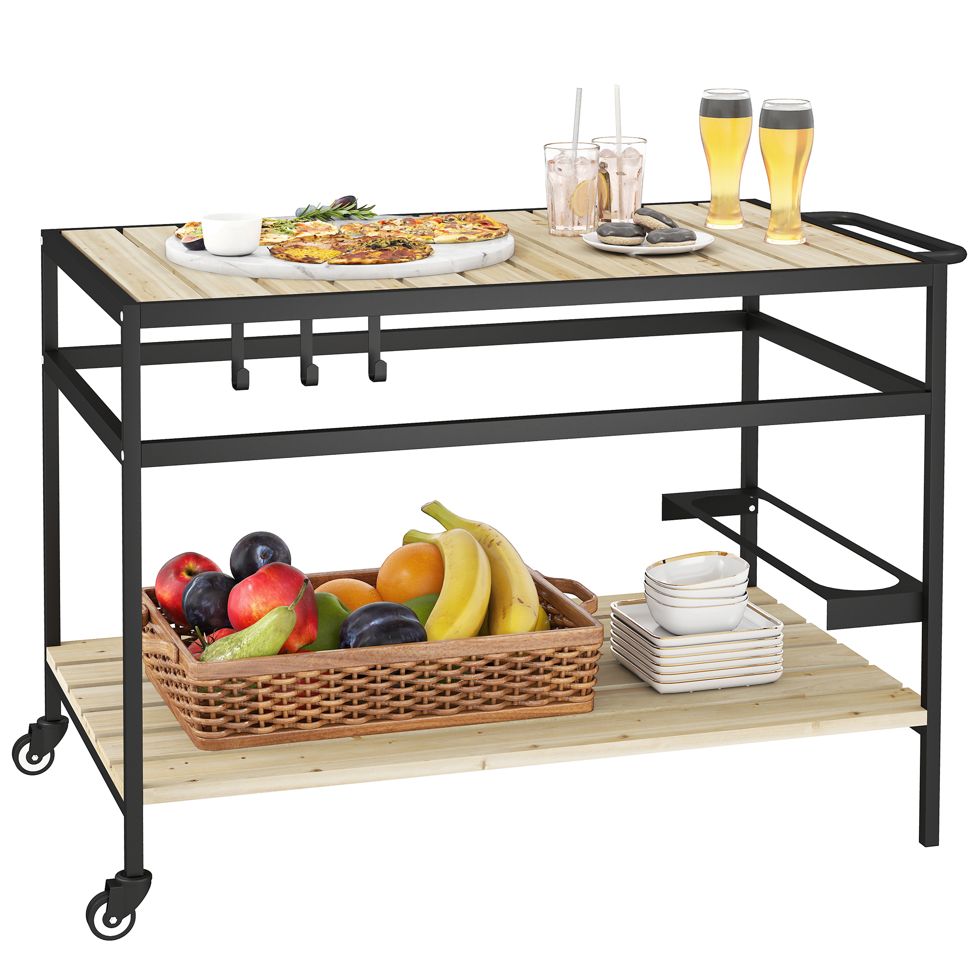 Gartenwagen Aus Holz Mit Lattenrost Und Stahlrahmen, Ablage Und Griff, 107 X 65 X 80 Cm
