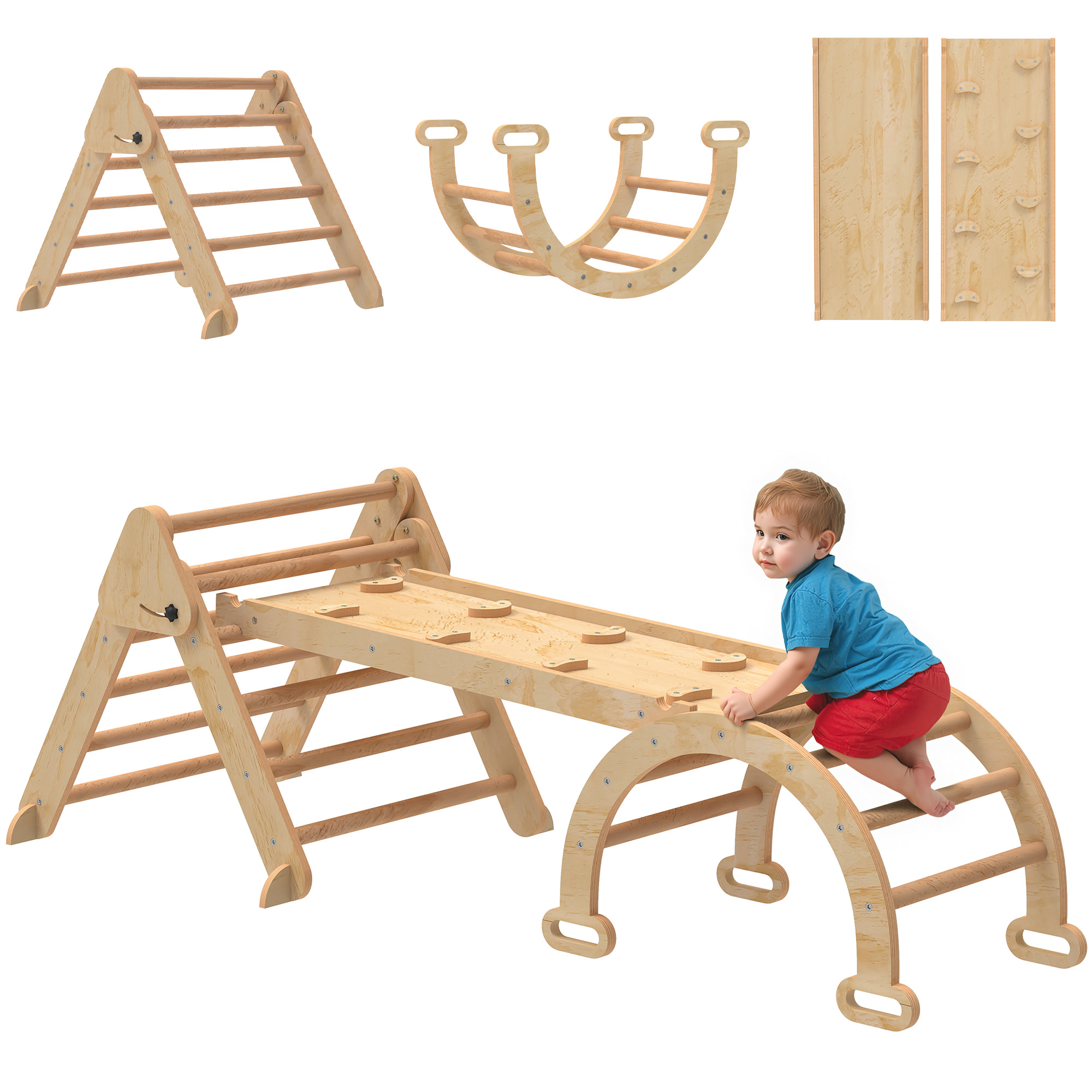 5-in-1-kinderspielbereich Mit Dreieck, Glatter Wand Und Bogen, Aus Pappel- Und Kiefernholz, 188 X 70 X 59 Cm