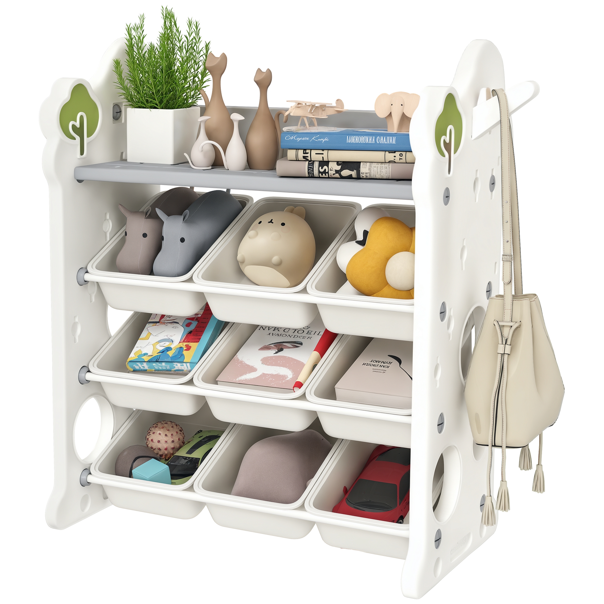 Spielzeugaufbewahrungseinheit Mit 4 Ebenen, 9 Boxen Und Seitlichem Haken, Hdpe, 77 X 42 X 94 Cm, Cremeweiß