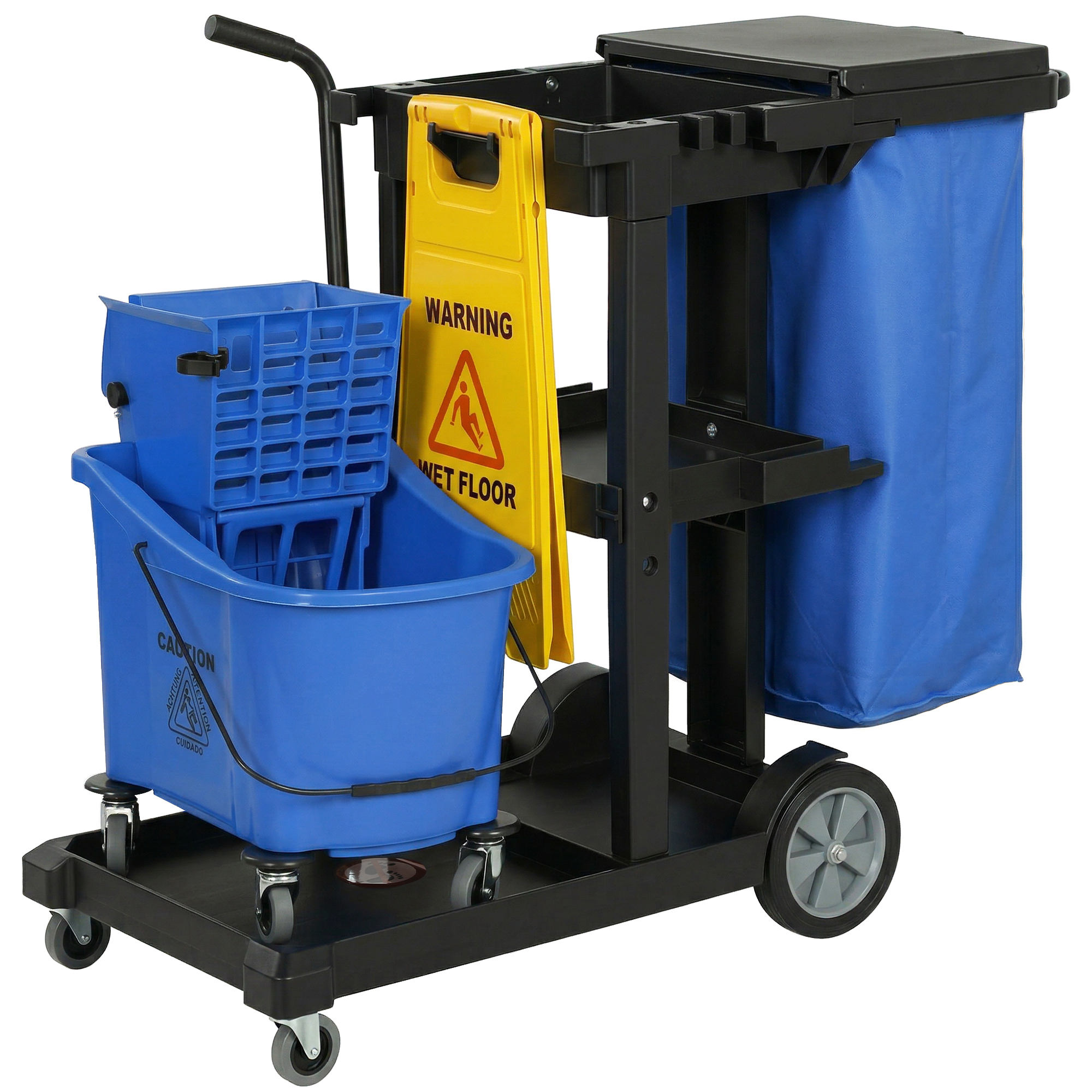 Reinigungswagen, Rollbarer Reinigungswagen Mit 3 Ablagen, 70-liter-müllsack, Auswringeimer, Blau