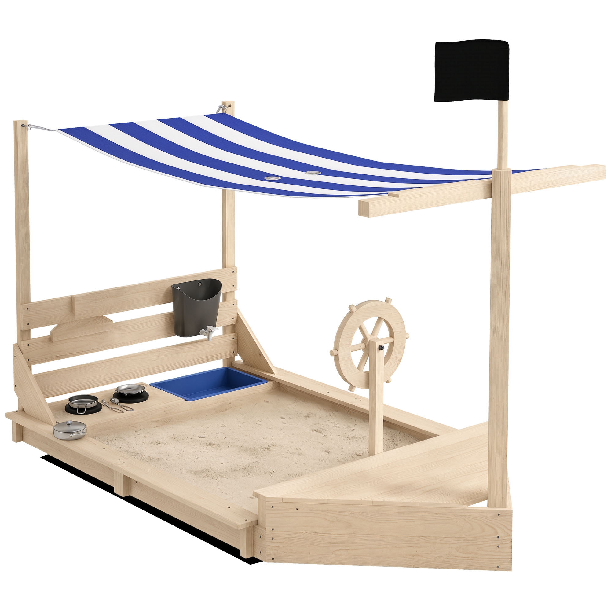 Sandkasten Mit Sonnenschutz, Piratenschiff-design, Inklusive Kinderküche, Aus Massivholz, 180 X 103 X 144,5 Cm, Natur Und Blau