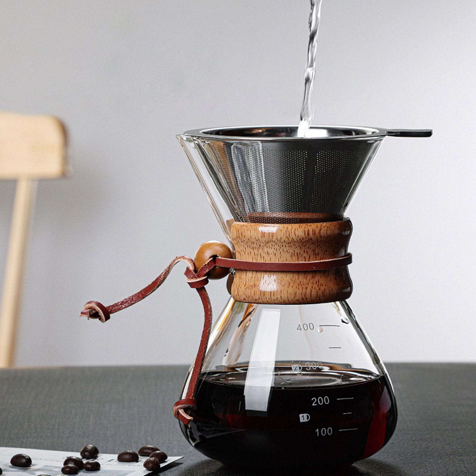 Manuelle Filterkaffeemaschine Mit 400 Ml Fassungsvermögen, Doppelfilter, V-förmigem Ausguss Und Holzmanschette, Ideal Für Zuhause, Cafés Und Partys.