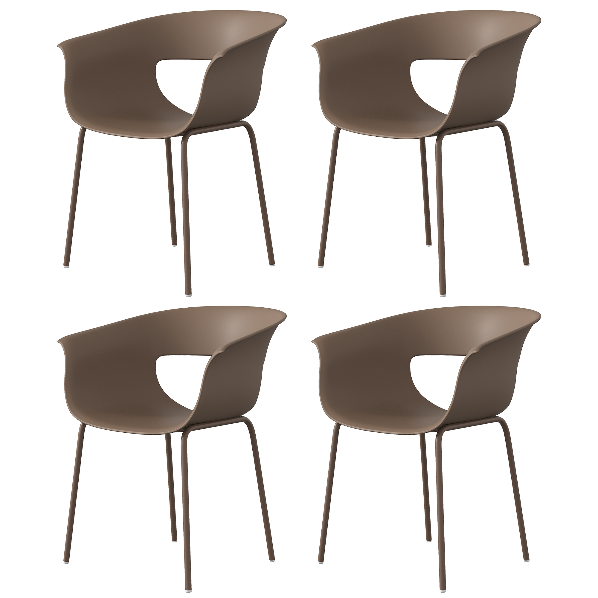 Set Aus 4 Ergonomischen Gartenstühlen Für Den Balkon, Durchbrochenes Design, Armlehnen, Wetter- Und Rostbeständig, Kaffeebraun.
