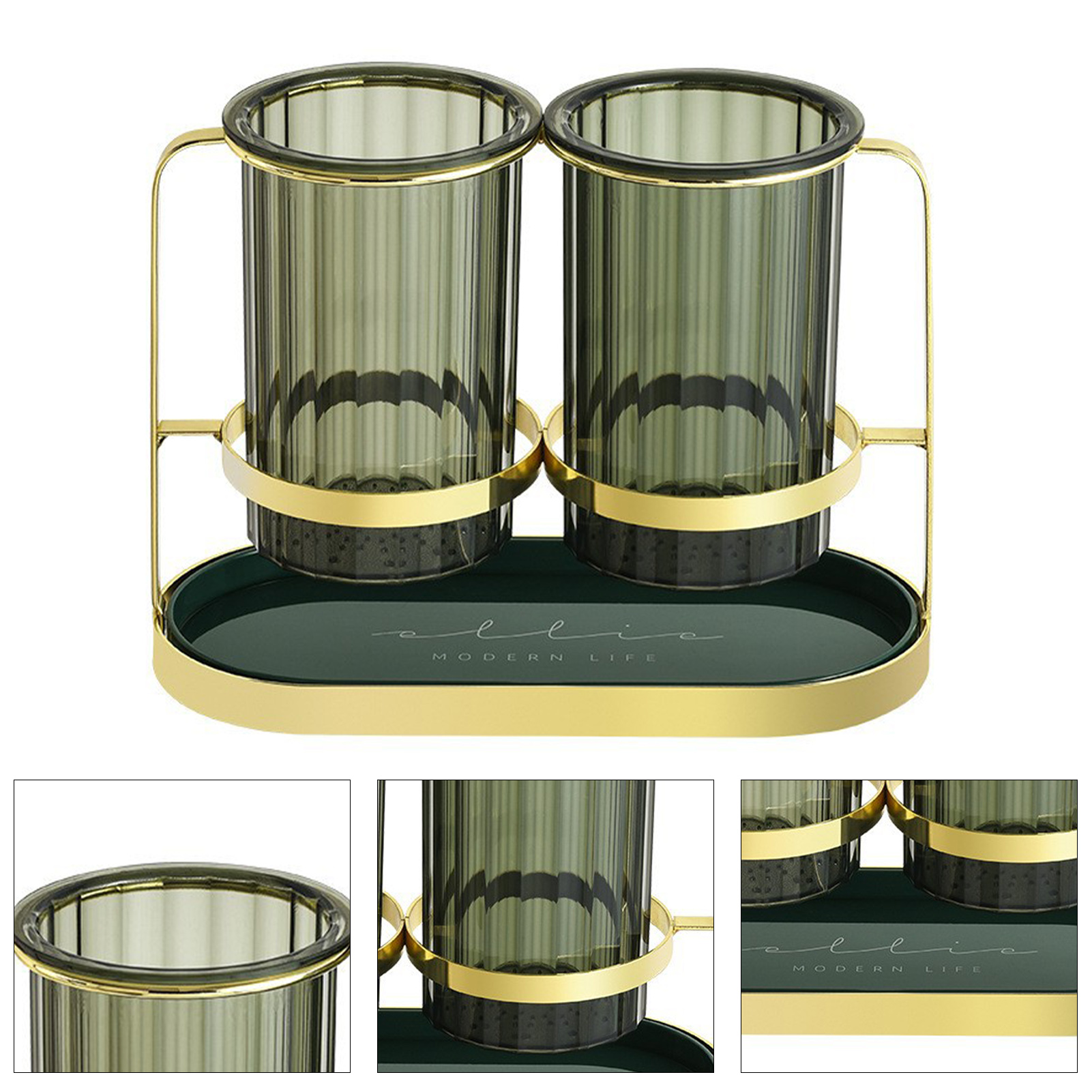 Transparenter Abtropfständer Aus Pet-eisen Für Essstäbchen, Löffel Und Andere Küchenutensilien, Grün Und Gold.