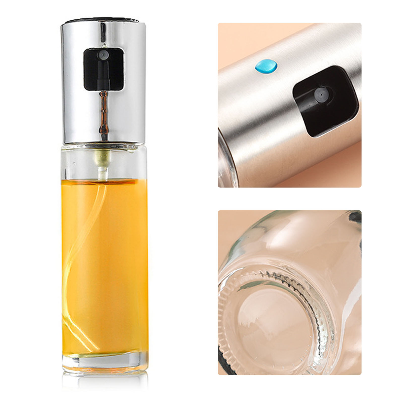 Transparente, Silberfarbene Ölsprühflasche Aus Edelstahl Und Glas, Leicht Zu Reinigen Und Wiederverwendbar Für Die Küche. Speiseölsprüher Für Die Küche.