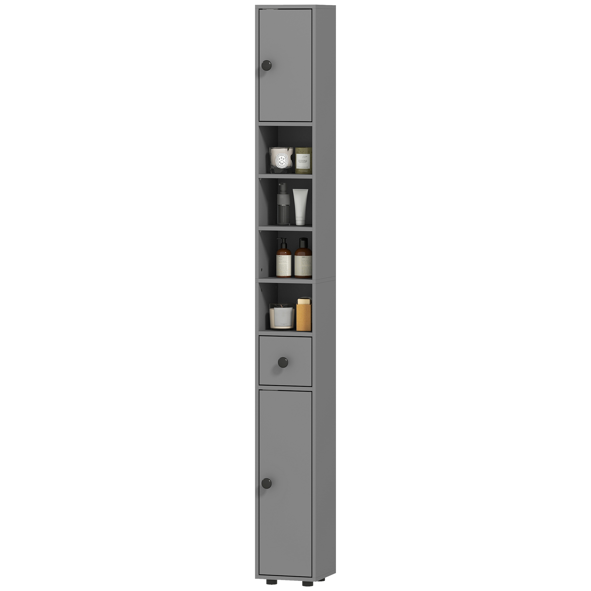 Badezimmerschrank, 4 Einlegeböden, Schublade, Spanplatte, Schlankes Design, Grau