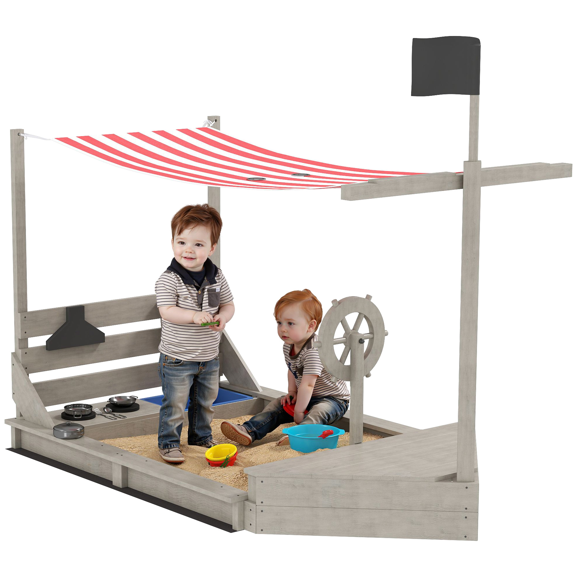 Sandkasten Mit Sonnenschutz, Piratenschiff-design, Inklusive Kinderküche, Aus Massivholz, 180 X 103 X 144,5 Cm, Grau