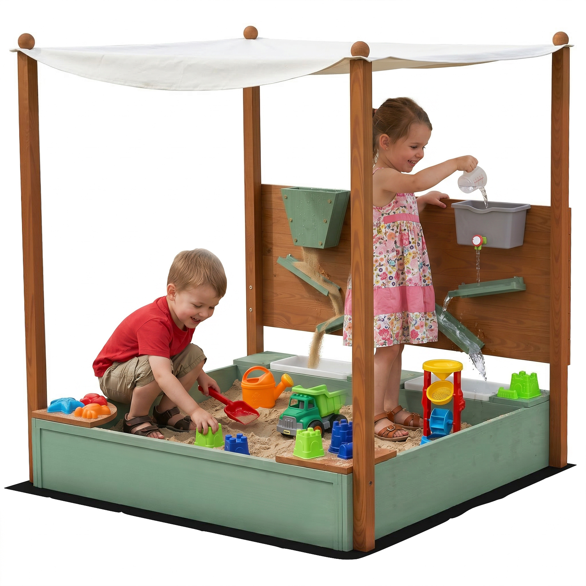 Sandkasten Für Kinder Mit Sonnenschutz, 2 Aufbewahrungsboxen, 116 Cm (l) X 112,5 Cm (b) X 128 Cm (h), Tannenholz, Kunststoff, Grün