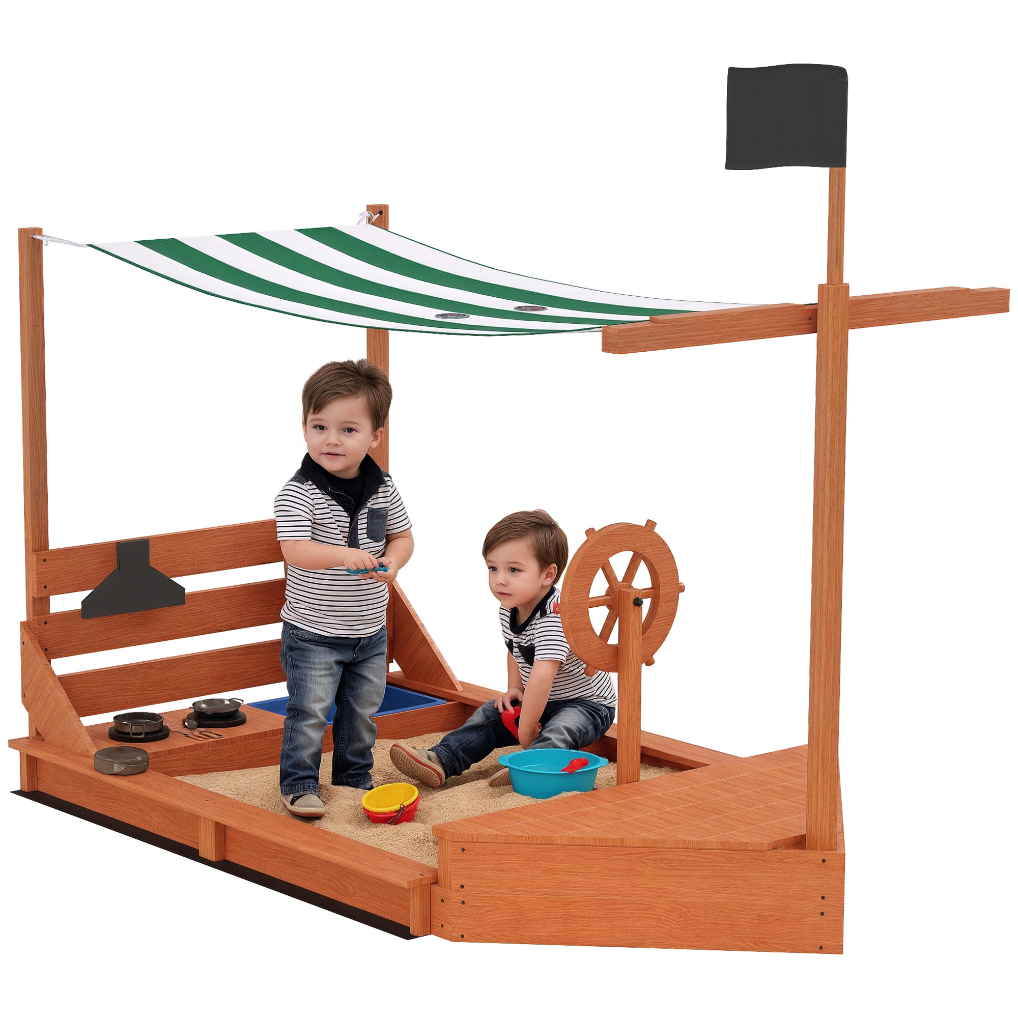 Sandkasten Mit Sonnenschutz, Piratenschiff-design, Inklusive Kinderküche, Aus Massivholz, 180 X 103 X 144,5 Cm, Grün