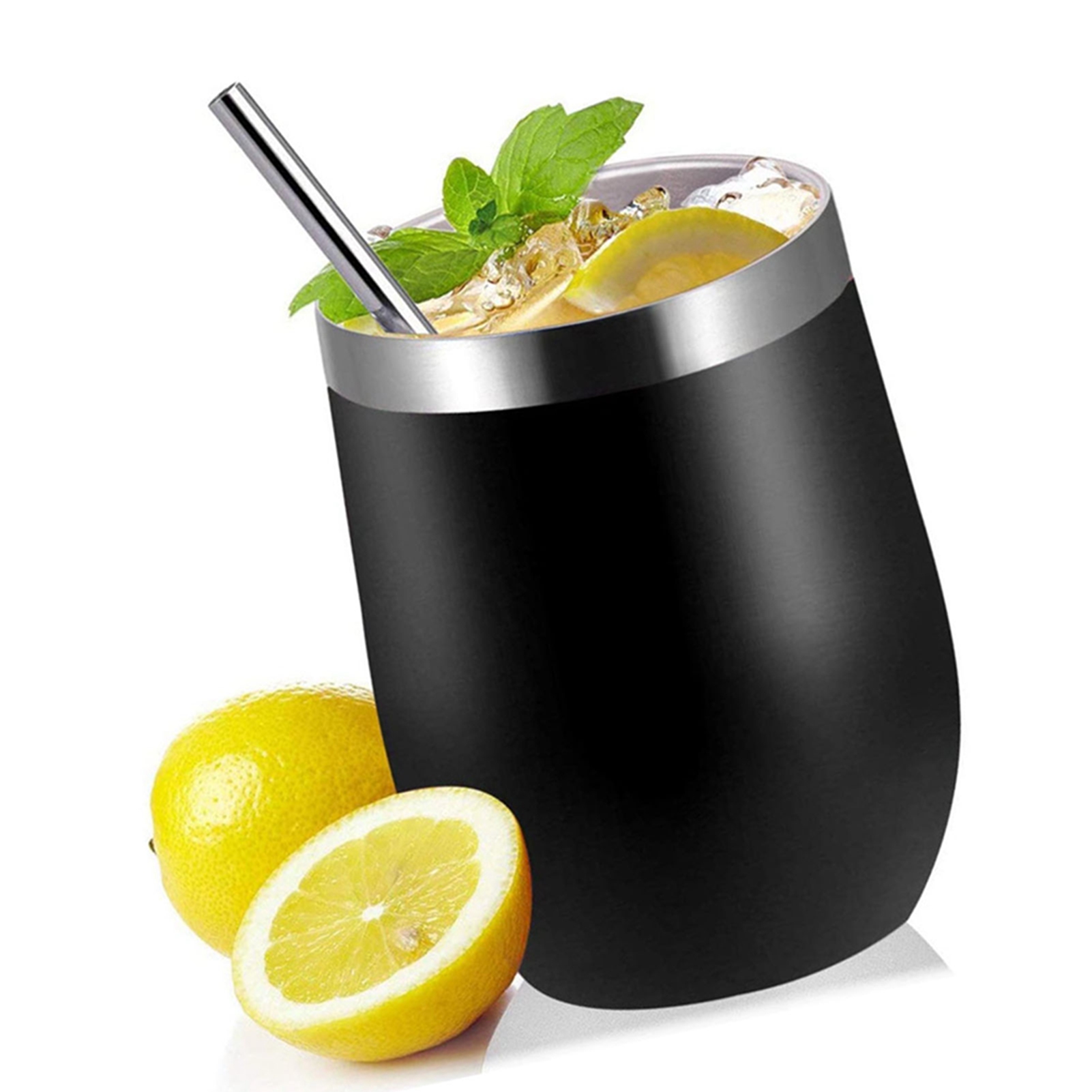 Set Bestehend Aus 35 Cl (12 Oz) Isolierten Edelstahl-weinbechern Aus Edelstahl 304 Mit Strohhalm, Deckel Und Bürste, Farbe: Schwarz.