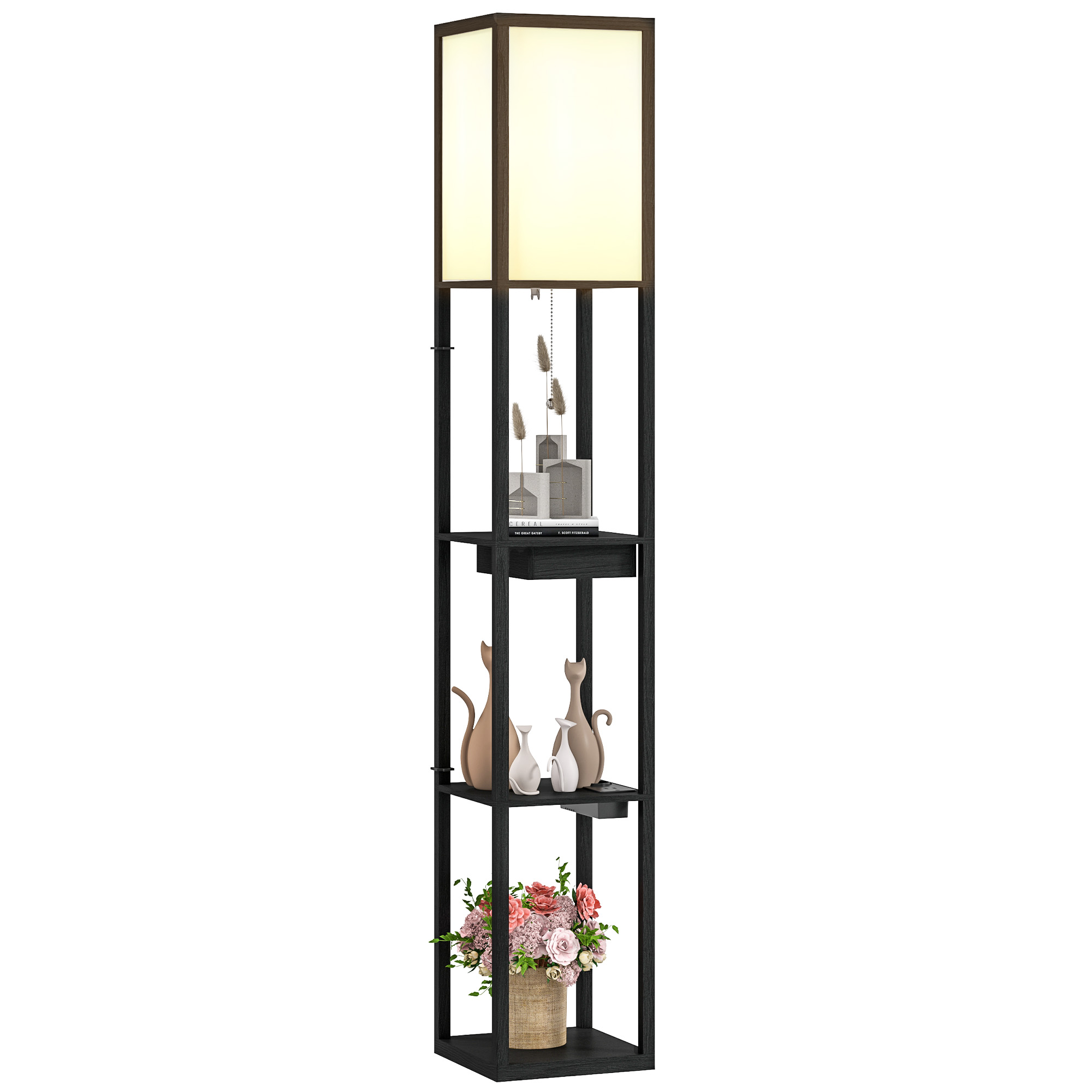 Stehlampe Mit 3-stufigem Ablagefach, Fußschalter, Usb-anschlüssen, Mdf, Schwarz