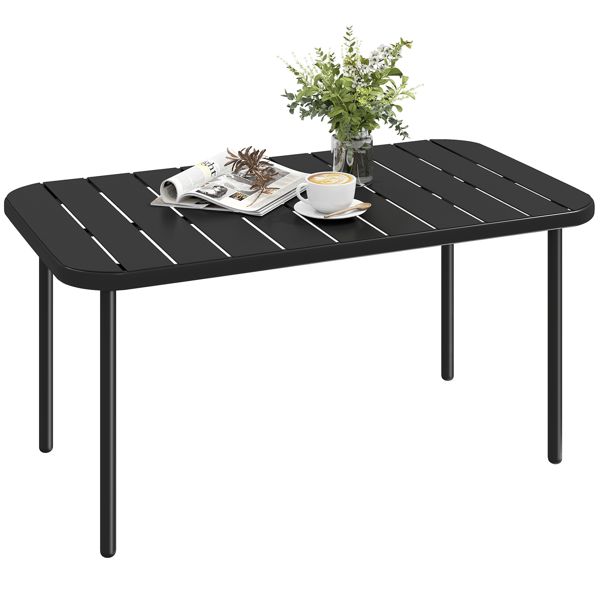 Outdoor-couchtisch, Rechteckiger Terrassentisch Aus Wetterbeständigem Metall Mit Lattenrost Für Den Außenbereich