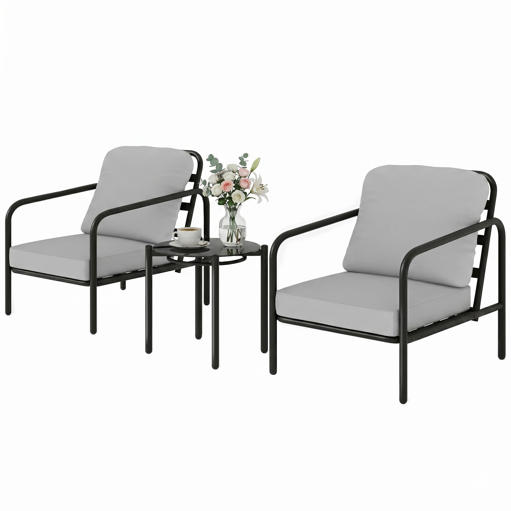 3-teiliges Bistro-set Aus Stahl Mit 2 Stühlen Mit Dicken Polstern Und Einem Couchtisch Mit Schwarzer Tischplatte Aus Gehärtetem Glas.