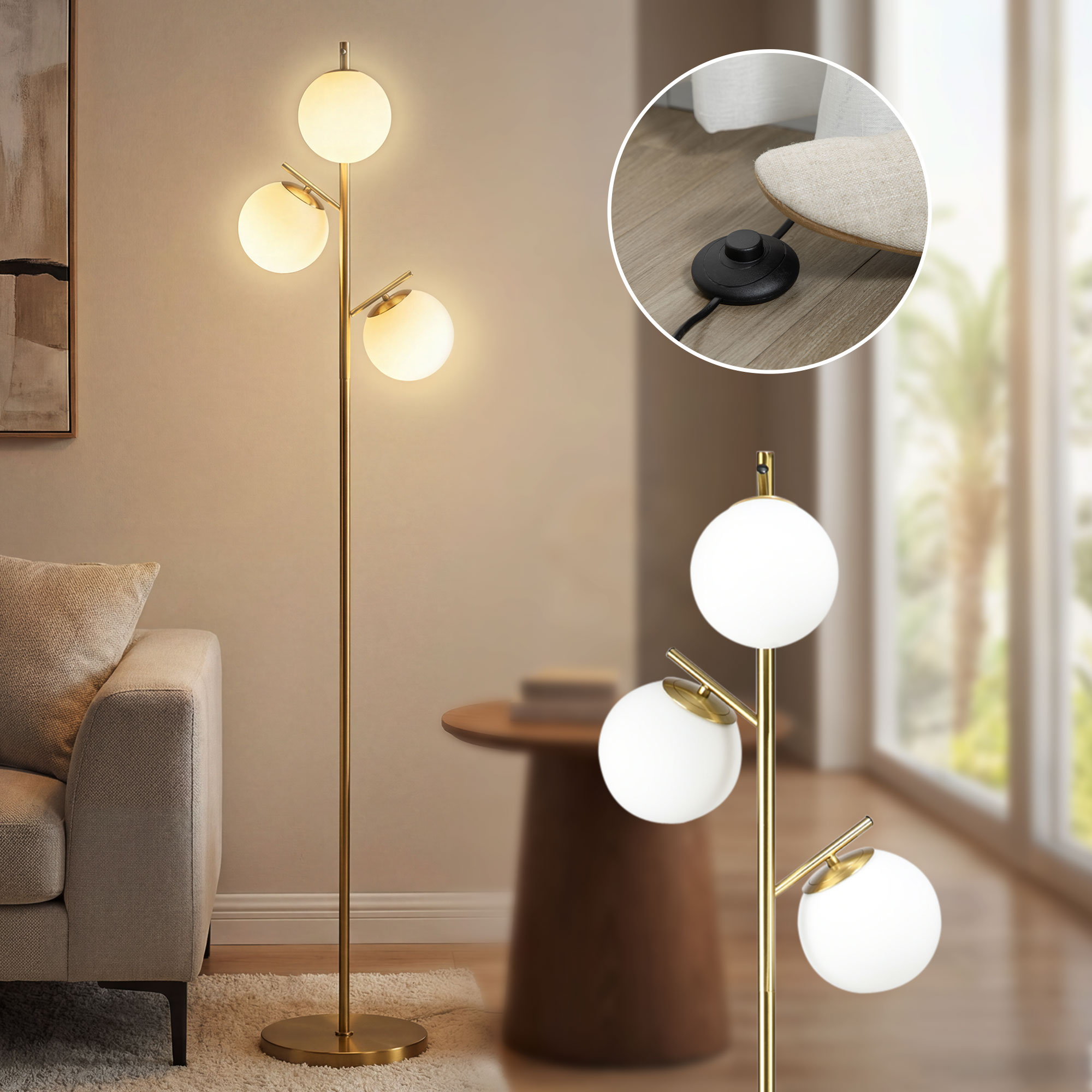 Stehlampe Im Retro-stil, 3-flammige Stehlampe, Glas, Gold