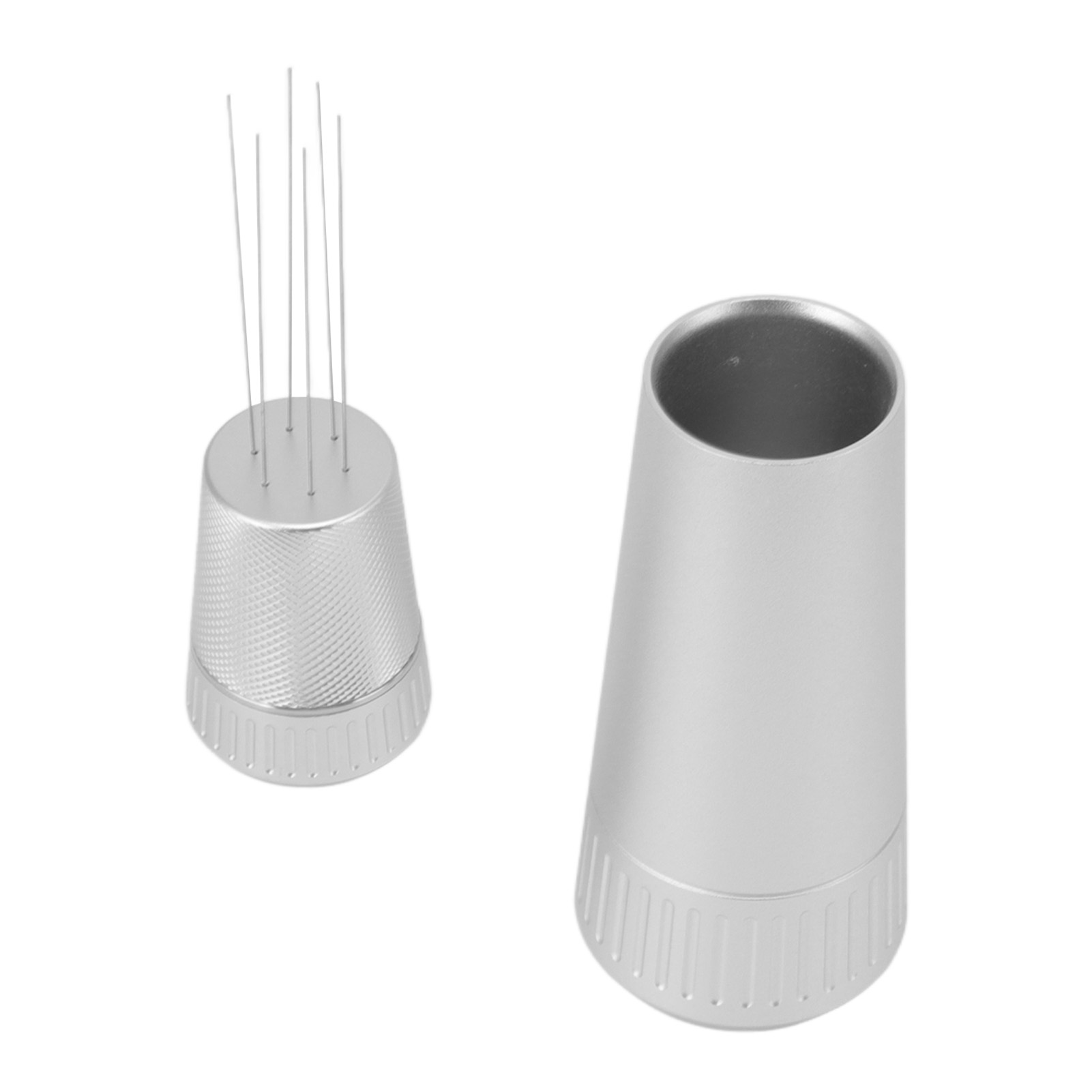 Tragbarer Kaffeetamper, Klein, Mit Stabilem Standfuß Und Ergonomischem Griff, Aus Edelstahl, Nadelform, Silberfarben.
