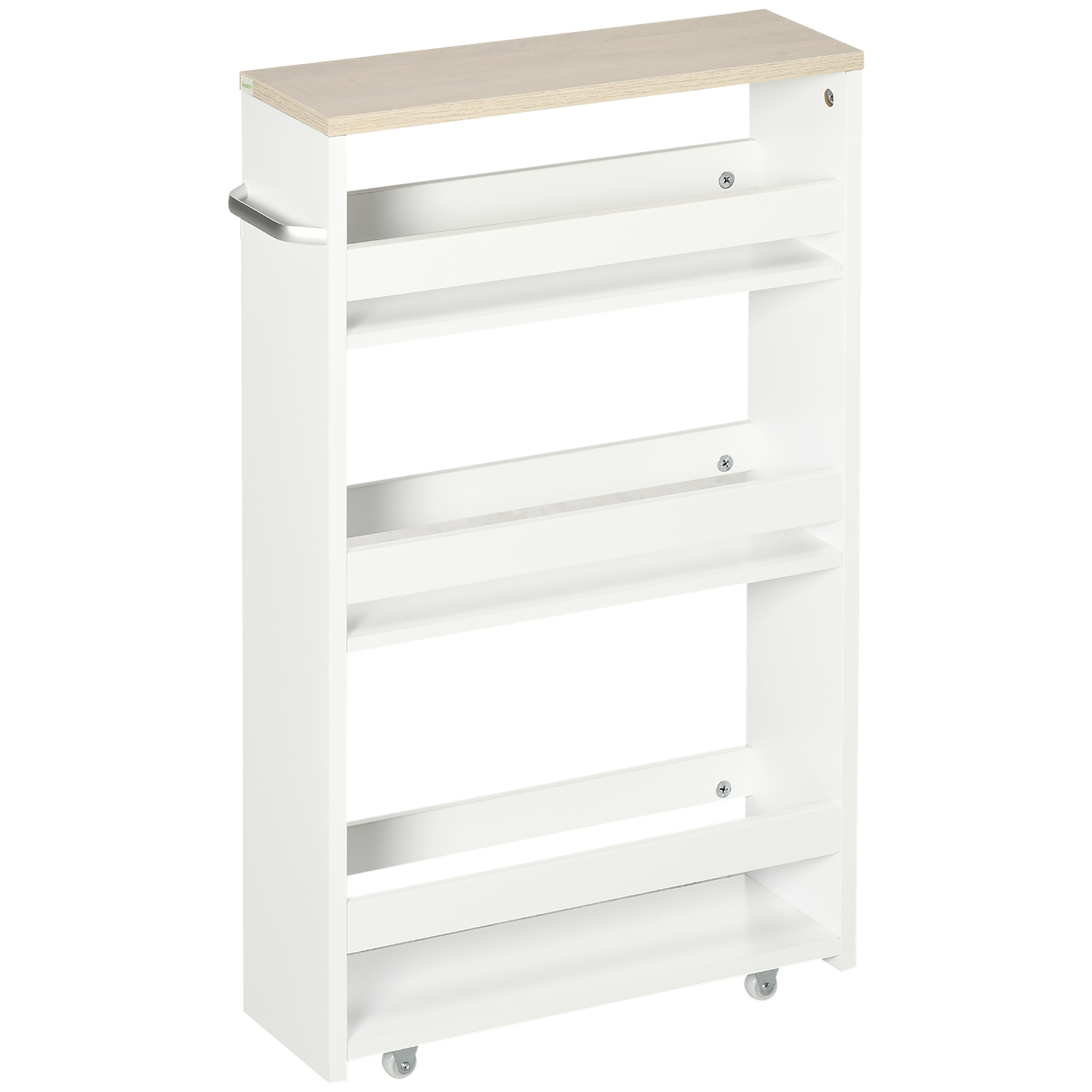 Platzsparender, Dreistöckiger Badezimmerwagen Mit Rollen Und Holzgriff, 48 X 15 X 80 Cm, Weiß