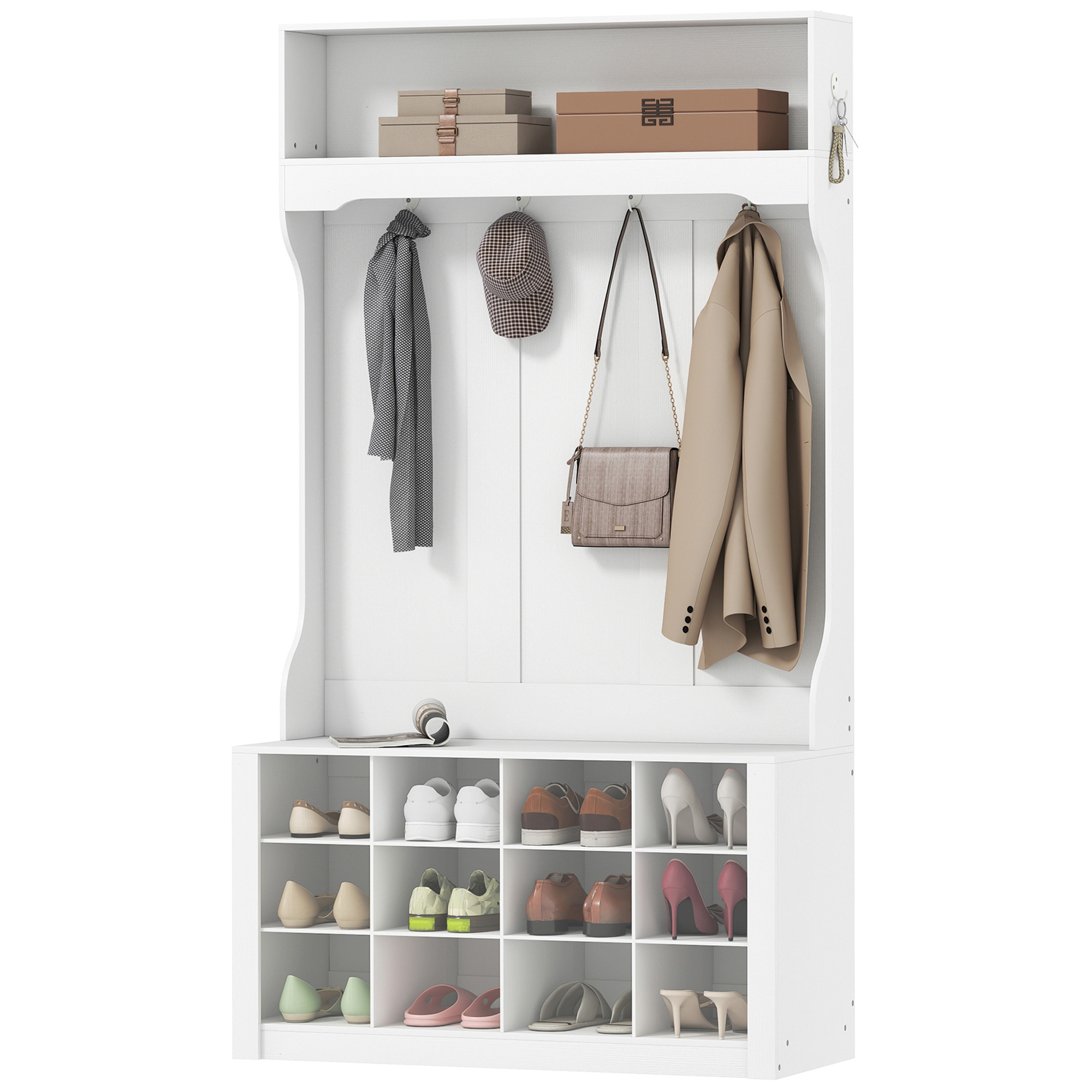 Kleiderschrank Mit Regalboden, Sitzbank, Haken, Schuhfächern, Spanplatte, Mdf, Weiß