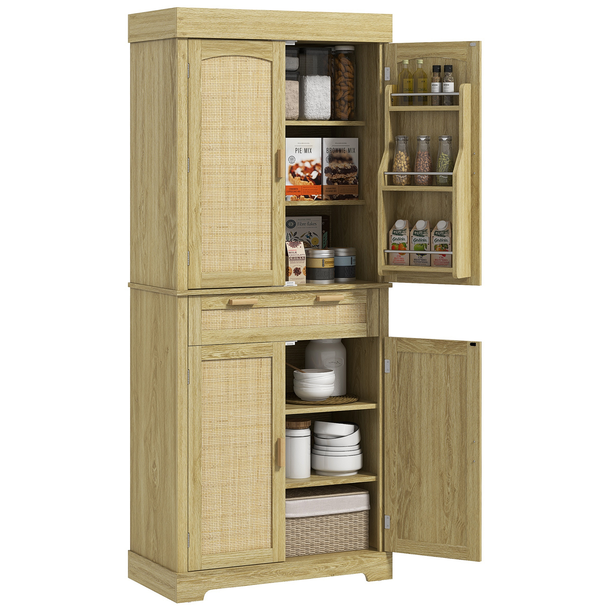 Küchensideboard Im Böhmischen Stil Mit 2 Schränken, Einer Schublade Und Einem Gewürzregal Aus Holz Und Rattan, 76 X 40 X 183 Cm, Eiche