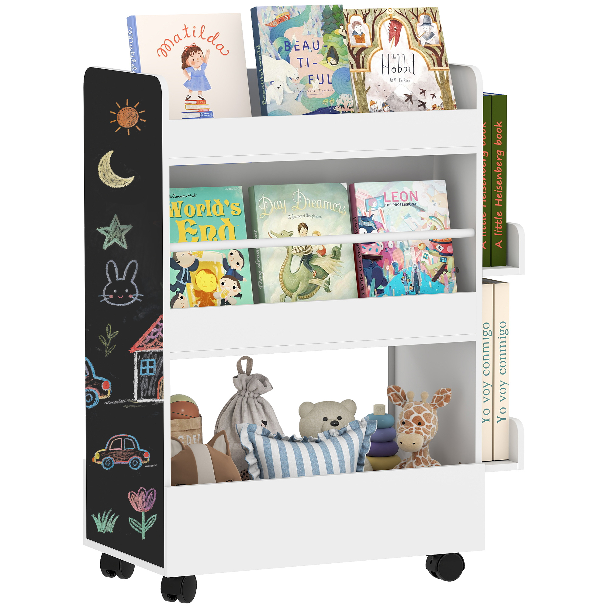 Kinderbücherregal Für Kinder Von 3 Bis 8 Jahren, Doppelseitiges Spielzeugregal Mit Rollen Und Tafel, Weiß