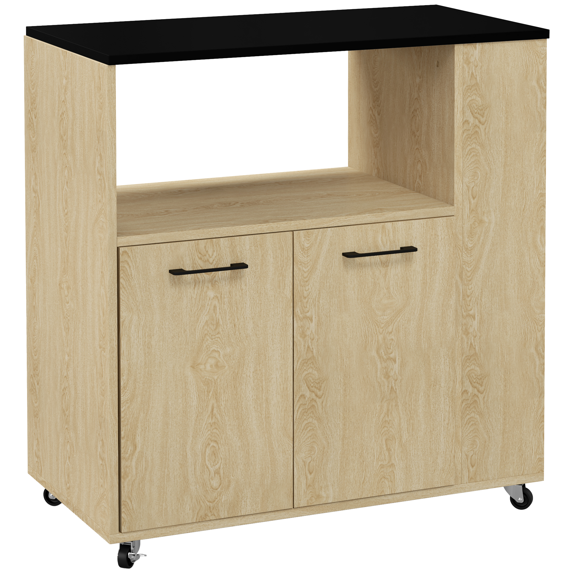 Küchenwagen Aus Spanplatte Mit Offenem Regal, 2-türigem Schrank Und Seitenablage, 75 X 40 X 80,5 Cm