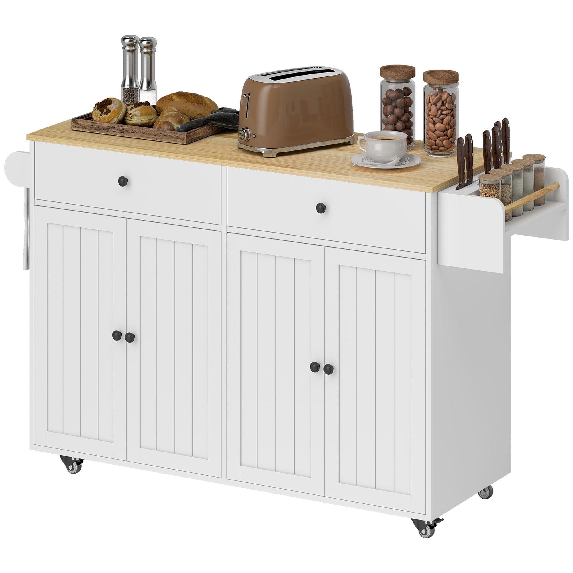 Mobile Kücheninsel, 2 Schubladen, 2 Schränke, Gewürzregal, Handtuchhalter, Messerblock, Mdf, Weiß