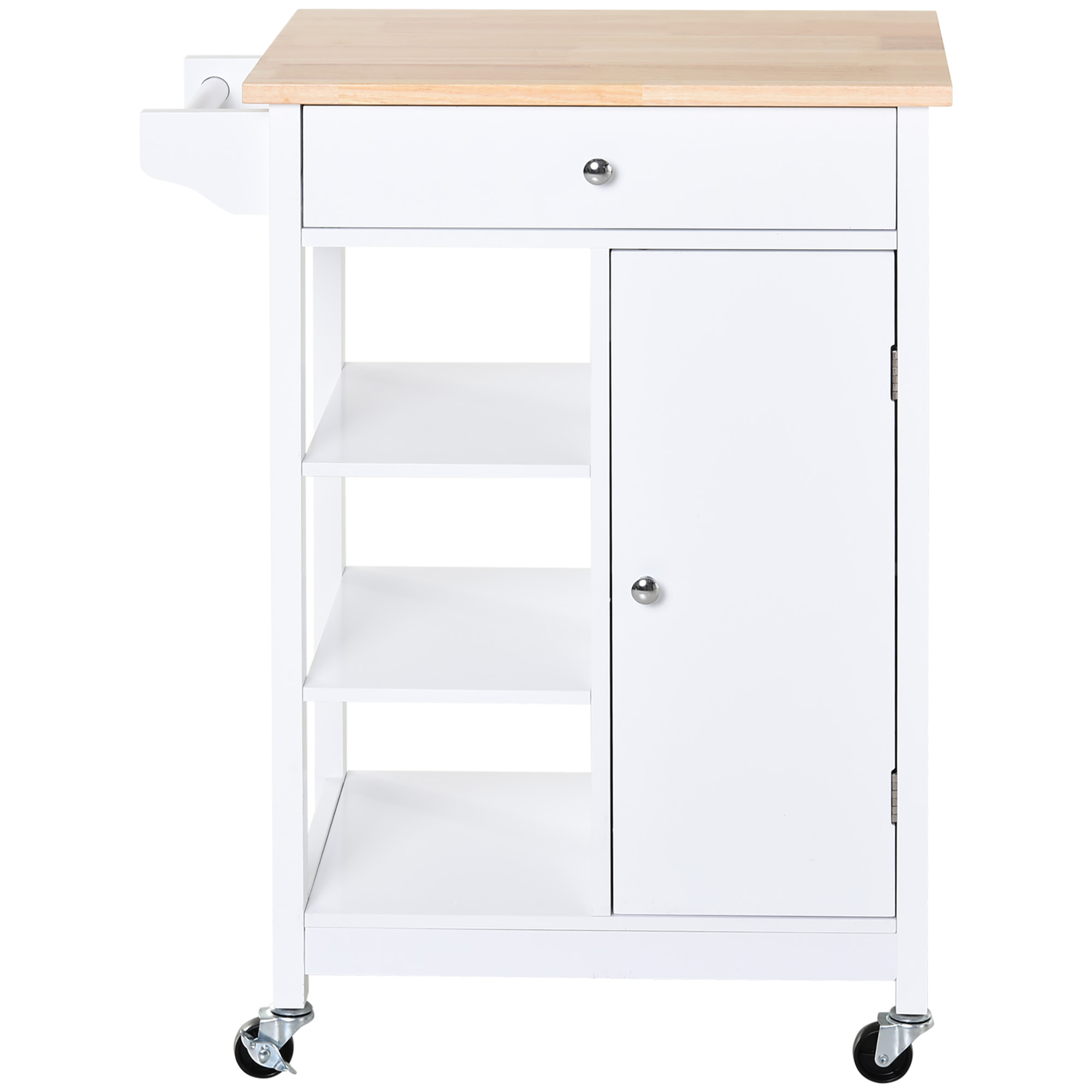 Platzsparender Küchenwagen Aus Mdf Mit Arbeitsplatte Aus Gummibaumholz, Schublade, Schrankfach, 3 Einlegeböden, Verstellbaren Einlegeböden, Handtuchhalter Und Lenkrollen, 66 X 39,5 X 86,5 Cm, Weiß