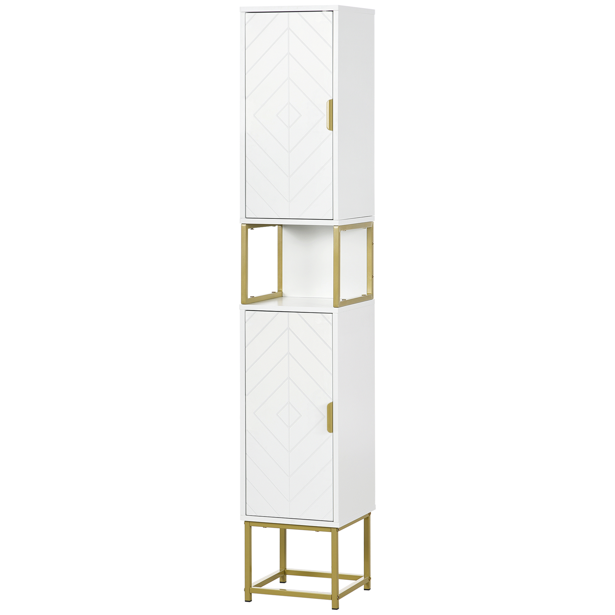 Badezimmerschrank Mit 2 Schränken Und Einem Regal Aus Mdf Und Stahl, 30 X 30 X 170,7 Cm, Weiß Und Gold