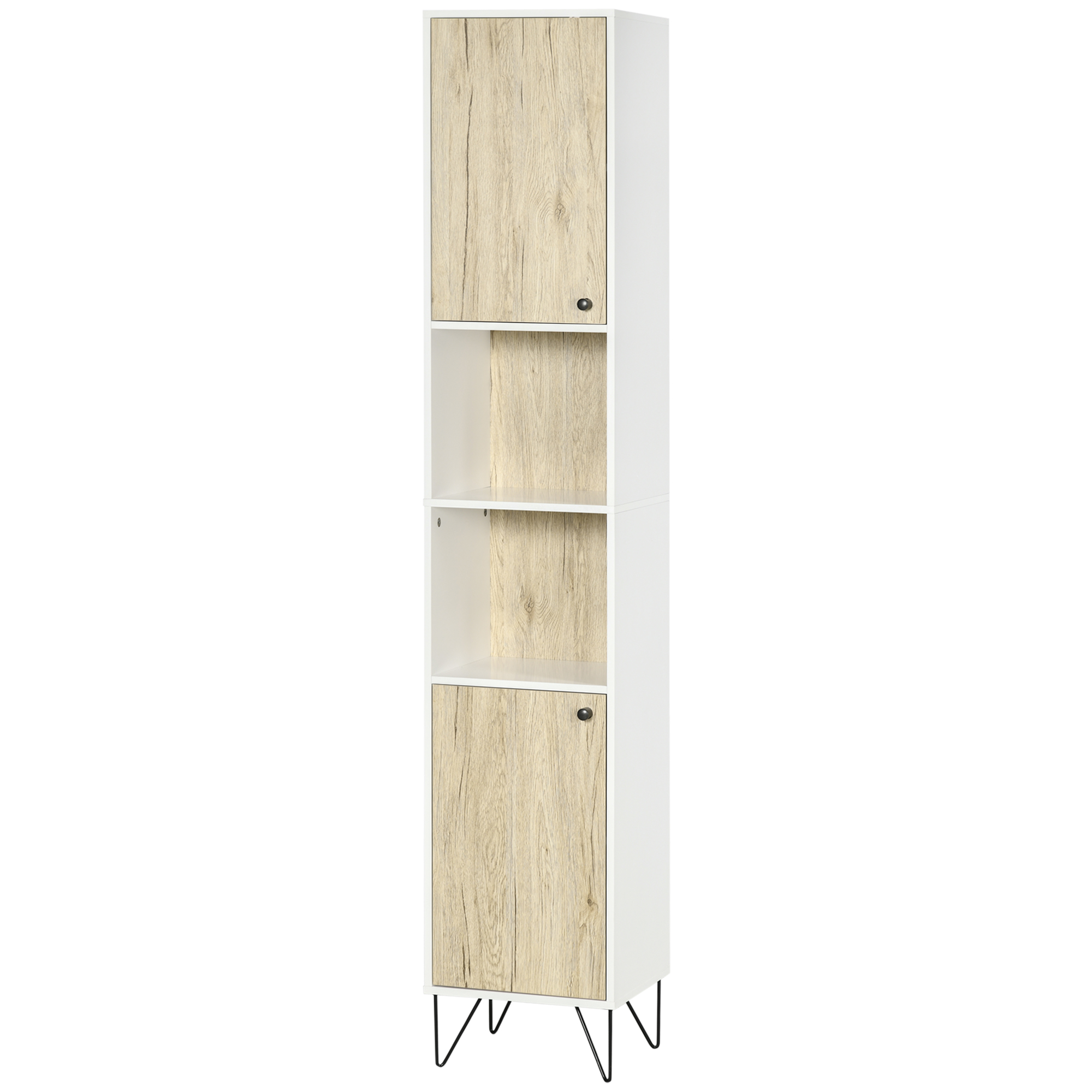 Badezimmerschrank Mit 2 Offenen Regalen Und 2 Schränken Aus Spanplatte, 31,5 X 30 X 169 Cm, Weiß Und Holz