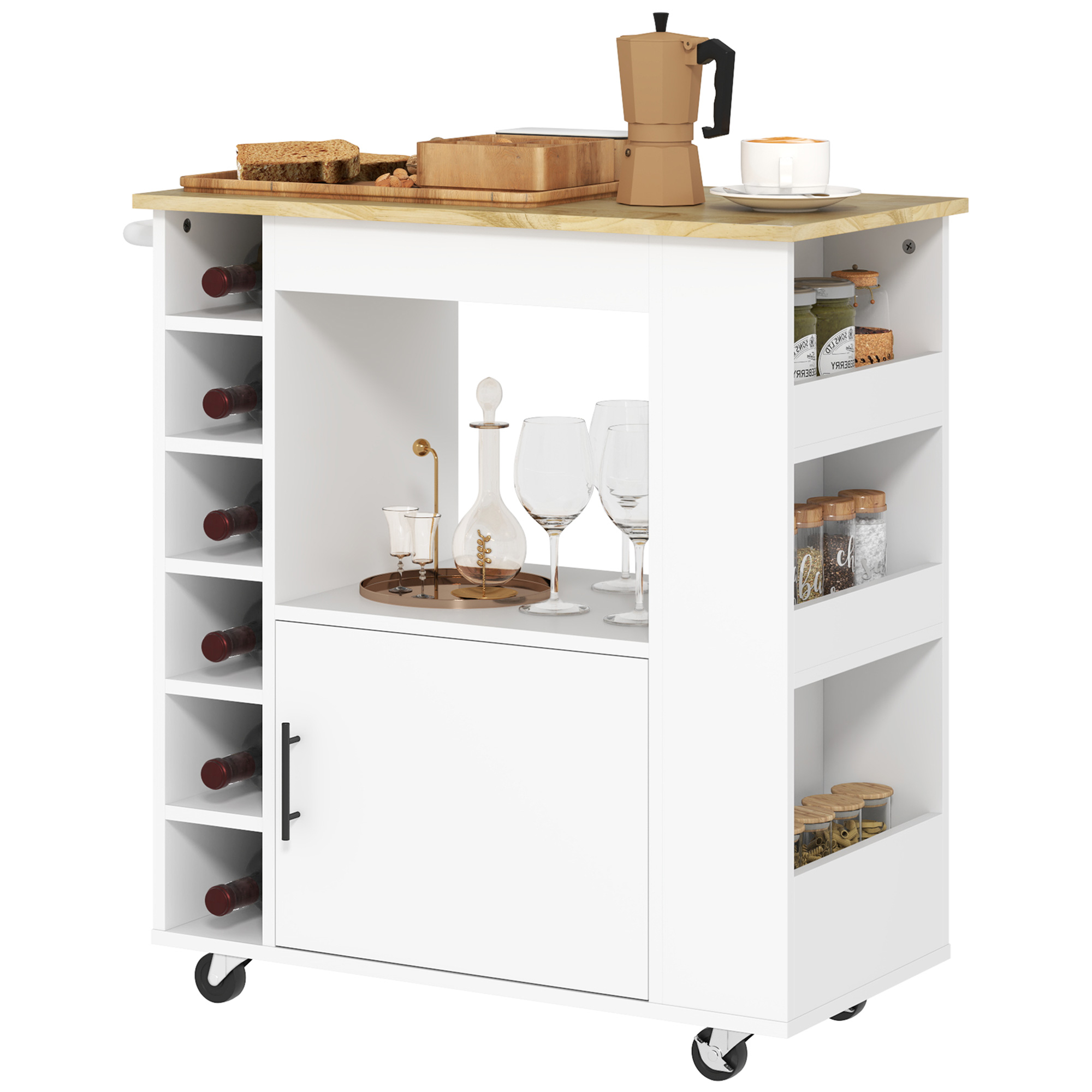 Küchenwagen, Rollbare Kücheninsel, Küchenwagen Mit Fächern, Weinregalen, Schrank Und Arbeitsplatte, Weiß