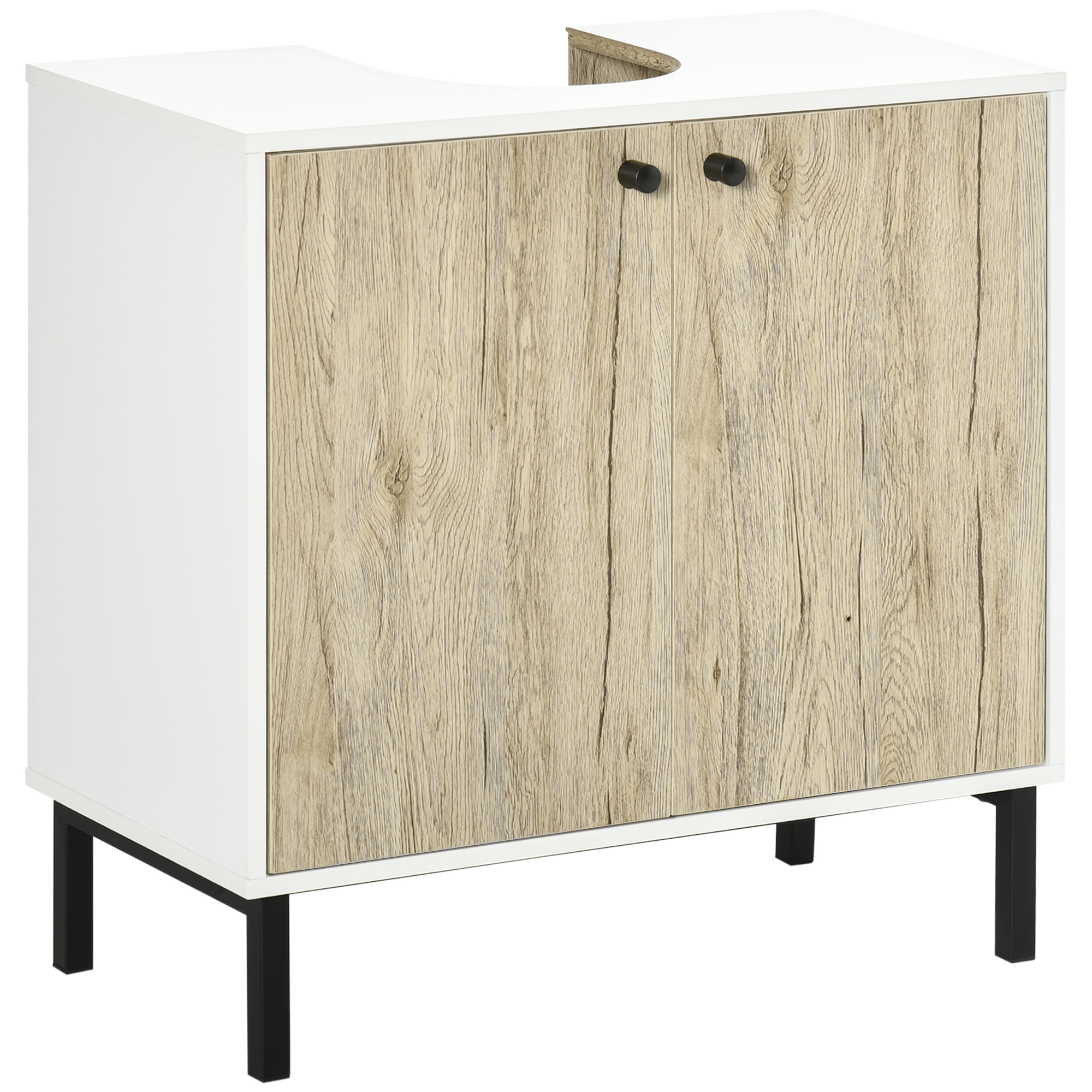 Badezimmerschrank Mit 2 Türen Und Einlegeboden Aus Spanplatte Und Stahl, 60 X 30 X 60 Cm, Weiß Und Eiche