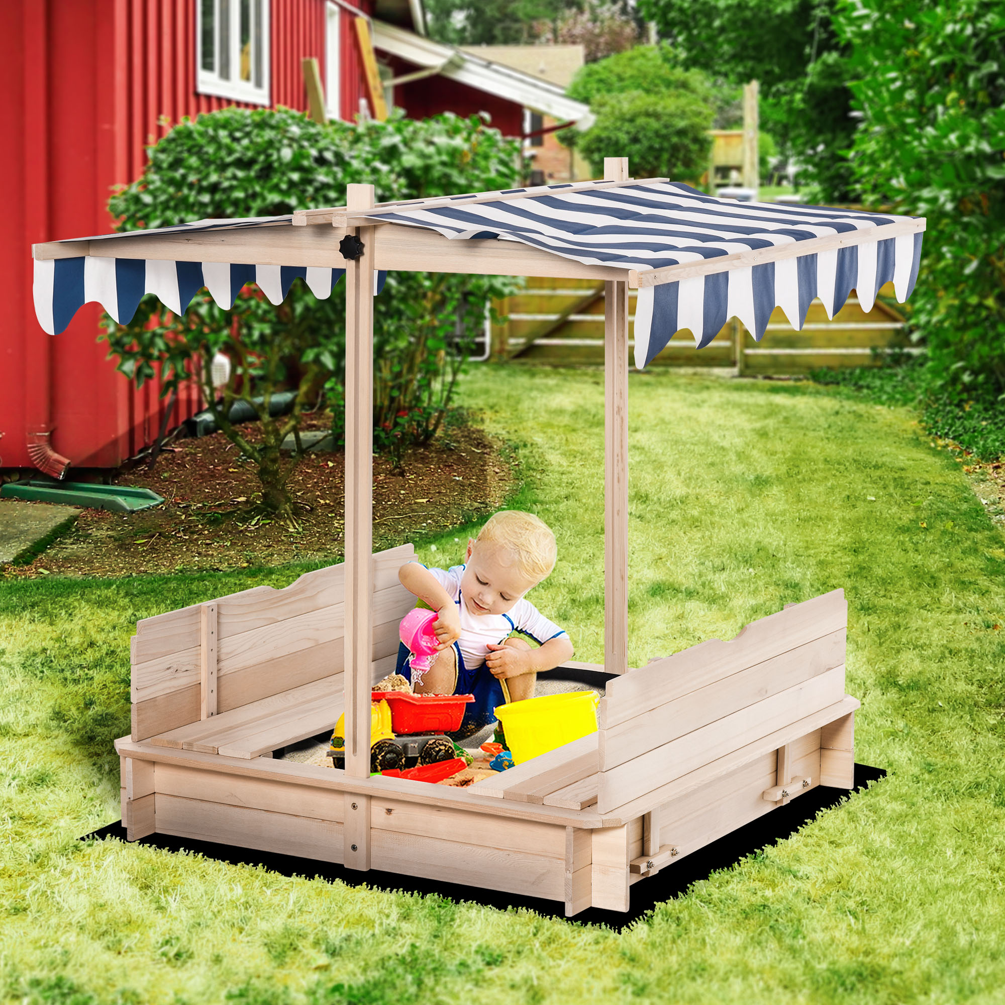 Sandkasten Aus Holz Für Kinder Mit Sonnenschutz, Bank Und Abdeckung, 106 X 106 X 115 Cm, Weiß Und Blau