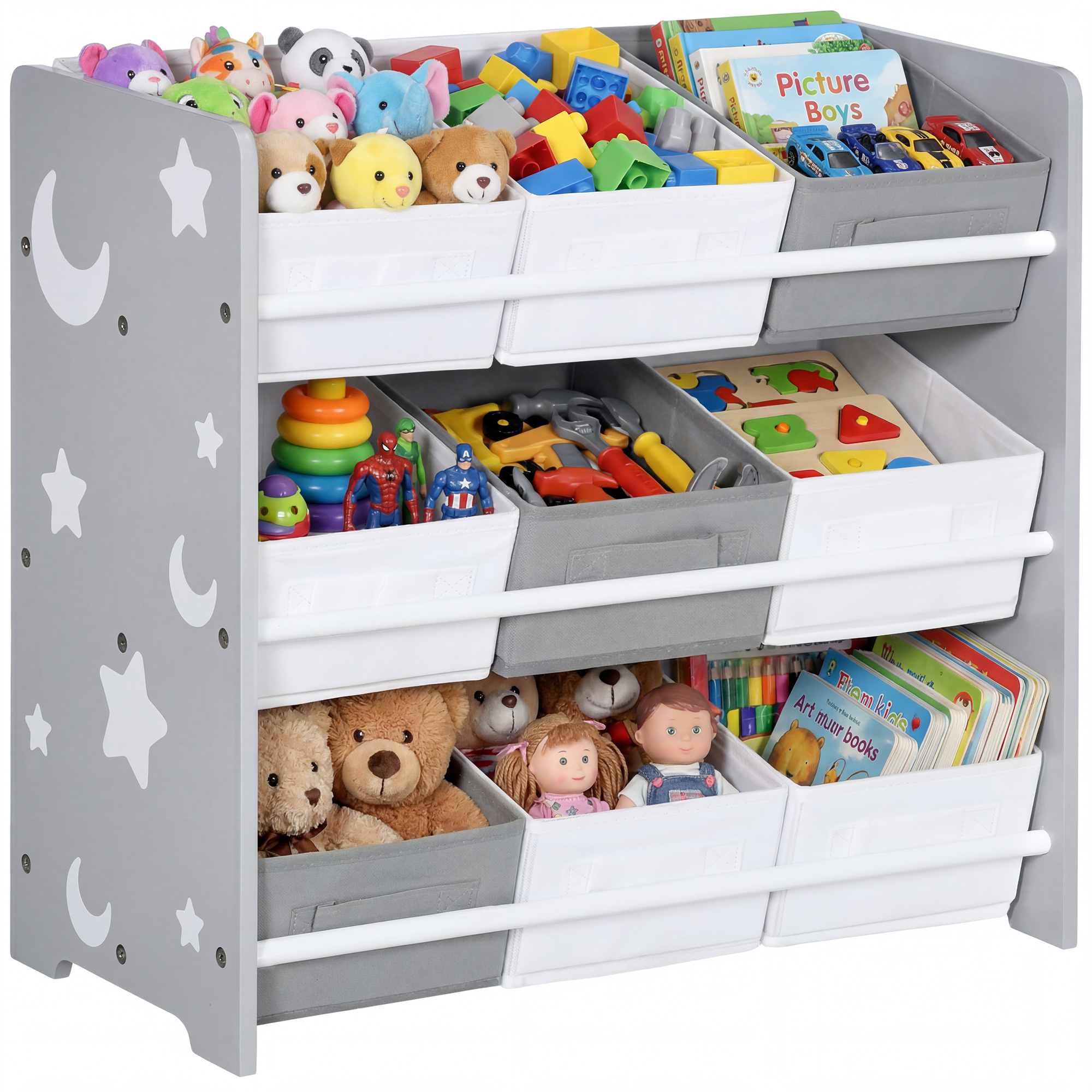 Spielzeugschrank Mit 9 Herausnehmbaren Körben Aus Mdf Und Stoff, 63 X 30 X 60 Cm, Grau Und Weiß