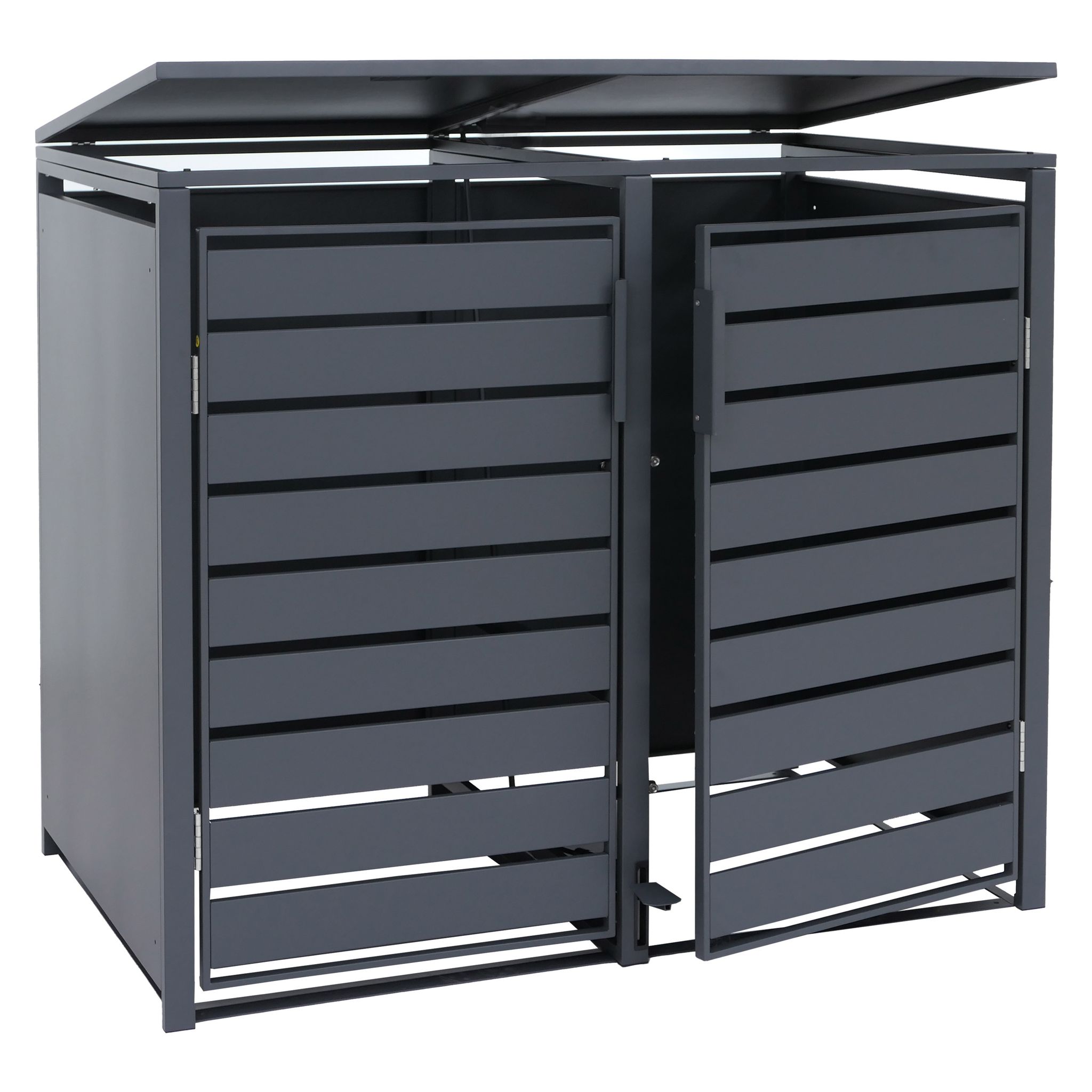 [neuwertig] 2er-mülltonnenverkleidung Hhg-579, Mülltonnenbox Mülltonnenhaus, Deckel Fußpedal Metall 116x132x89cm 53kg Anthrazit