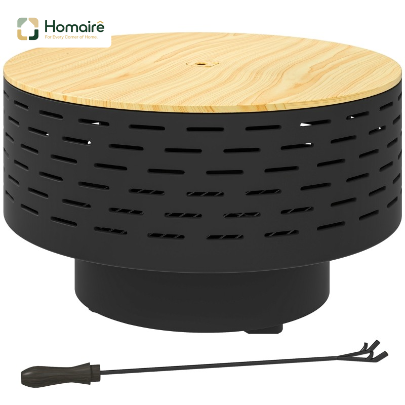 Homaire Feuerschale 3-en-1 En Acier Inoxydable Avec Grille De Barbecue, Protection Anti-étincelles Et Pelle, Diamètre 60 X 39 Cm, Couleur Grise Anthracite