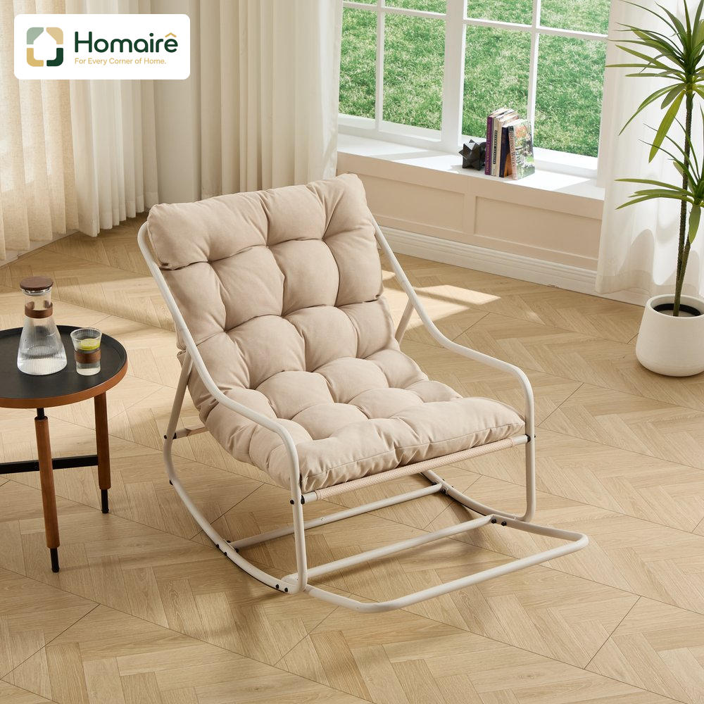 Homaire Chaise À Bascule Extérieure Avec Coussin Moelleux Épais, Cadre Et Coussin Beiges, Pour Salon, Chambre, Salle De Lecture
